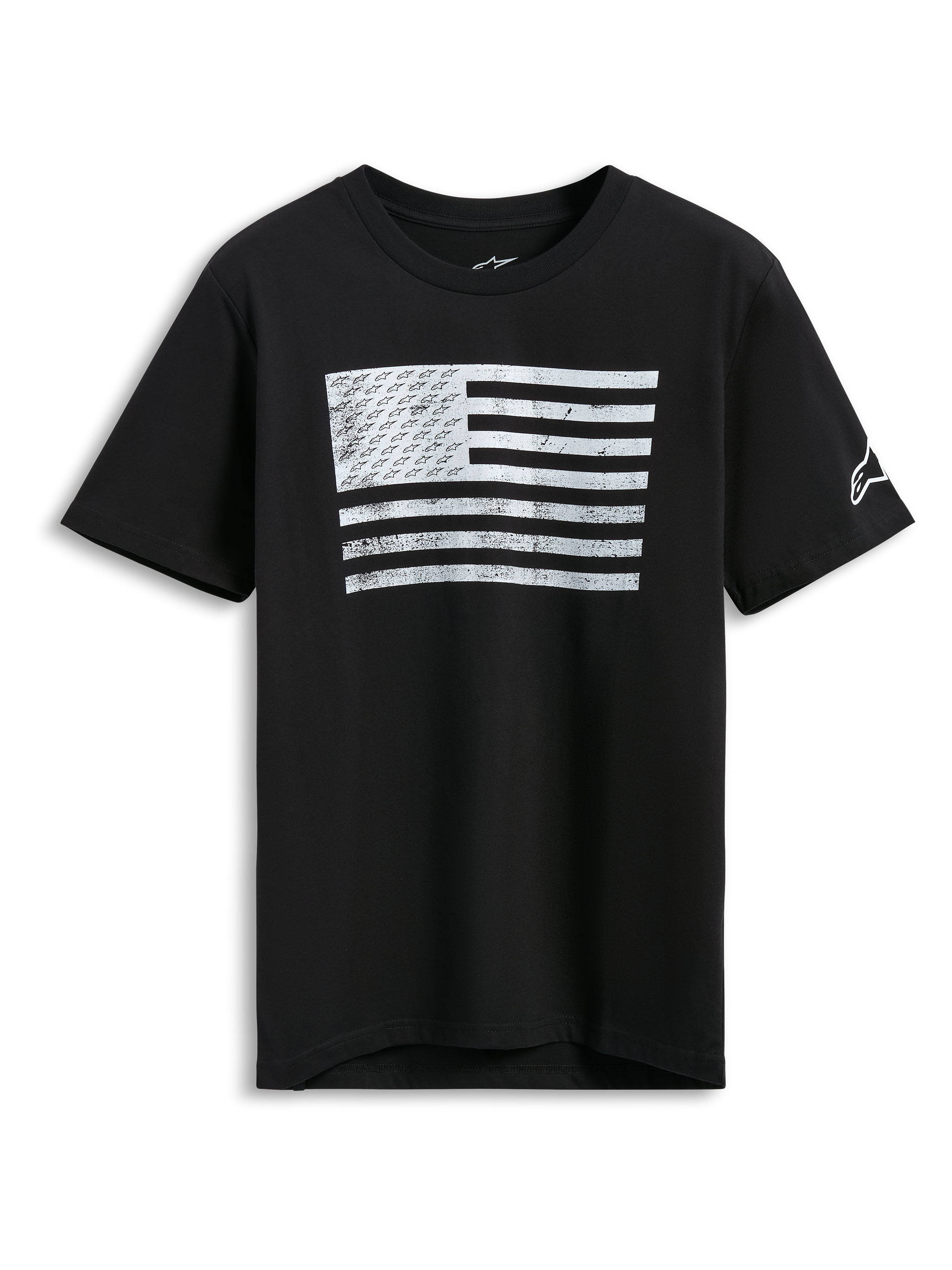Alpinestars Waving CSF Tee, t-shirt a maniche corte, nero, grafica con bandiera sventolante bianca effetto invecchiato con loghi A-star, streetwear casual da motorsport