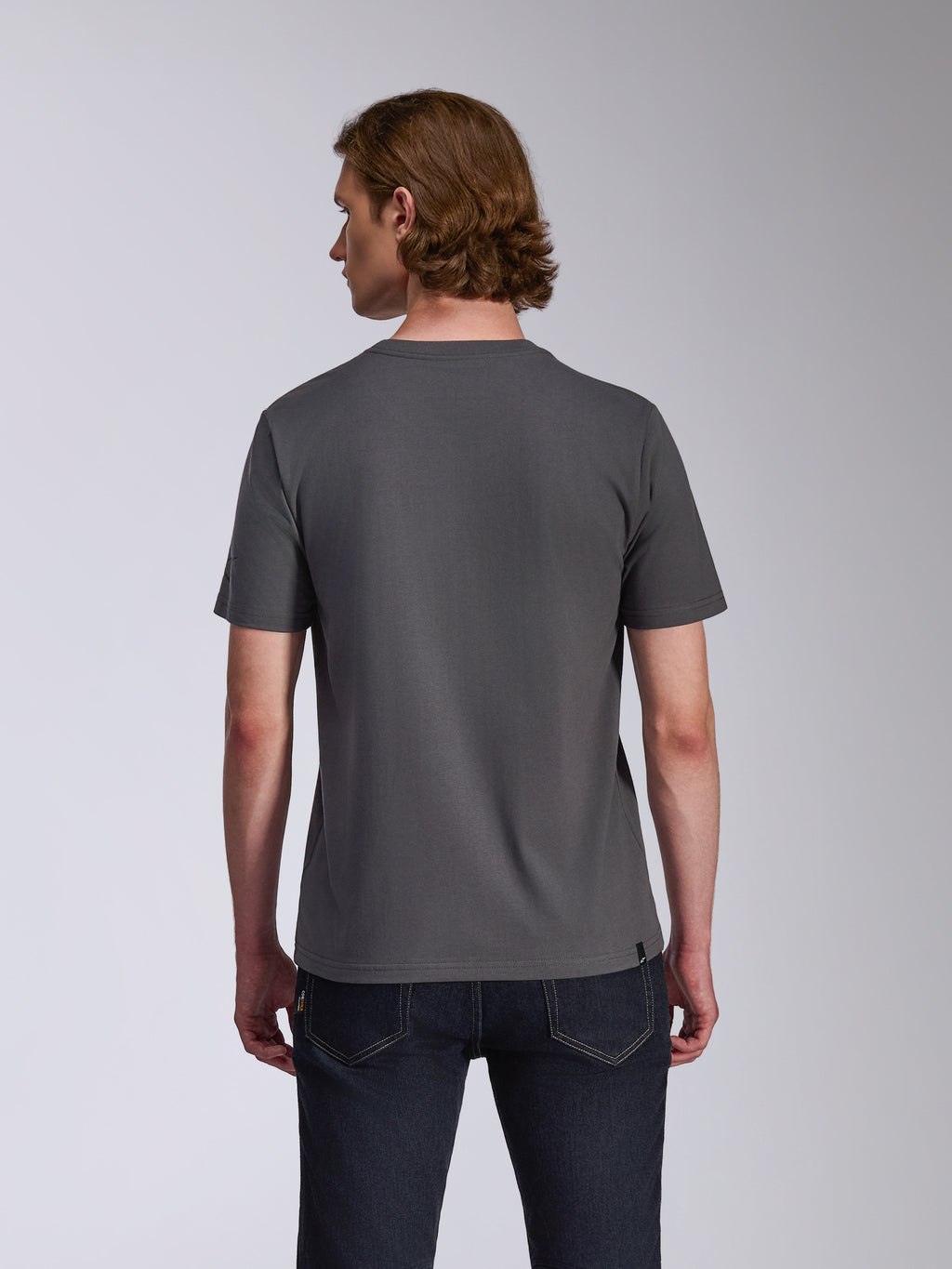 Maglietta Alpinestars Waving CSF, t-shirt a maniche corte, grigio antracite, vista posteriore, indossata da un modello con jeans scuri, abbigliamento lifestyle casual motorsport