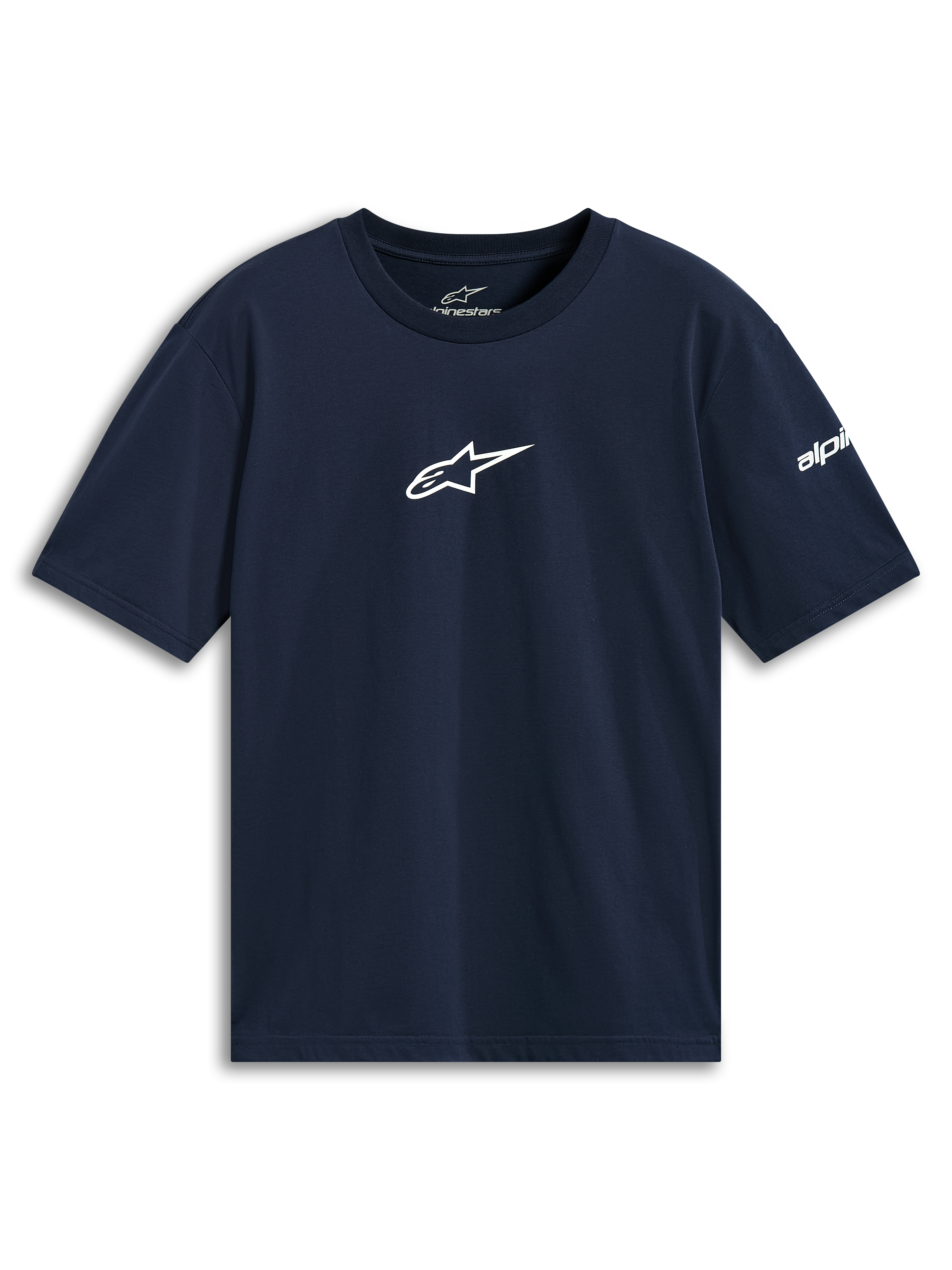 Alpinestars Frontal CSF Tee, maglietta a maniche corte, blu navy, logo a stella bianco al centro del petto, abbigliamento sportivo sostenibile ad alte prestazioni