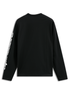 Alpinestars Trackside CSF Tee, maglia a maniche lunghe, nera, con grafica testuale verticale bianca sulla manica, vista posteriore, abbigliamento casual motorsport streetwear