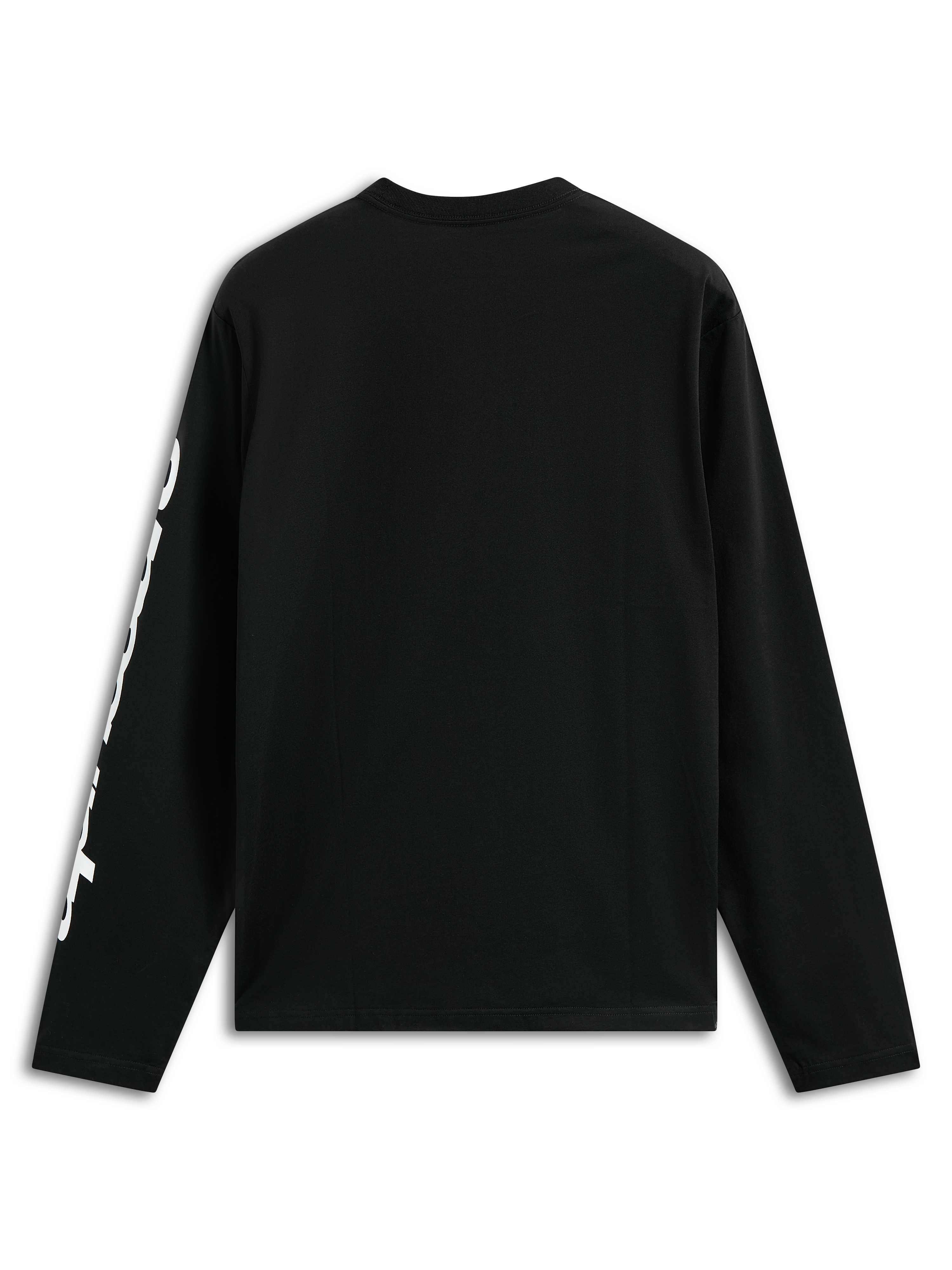 Alpinestars Trackside CSF Tee, maglia a maniche lunghe, nera, con grafica testuale verticale bianca sulla manica, vista posteriore, abbigliamento casual motorsport streetwear