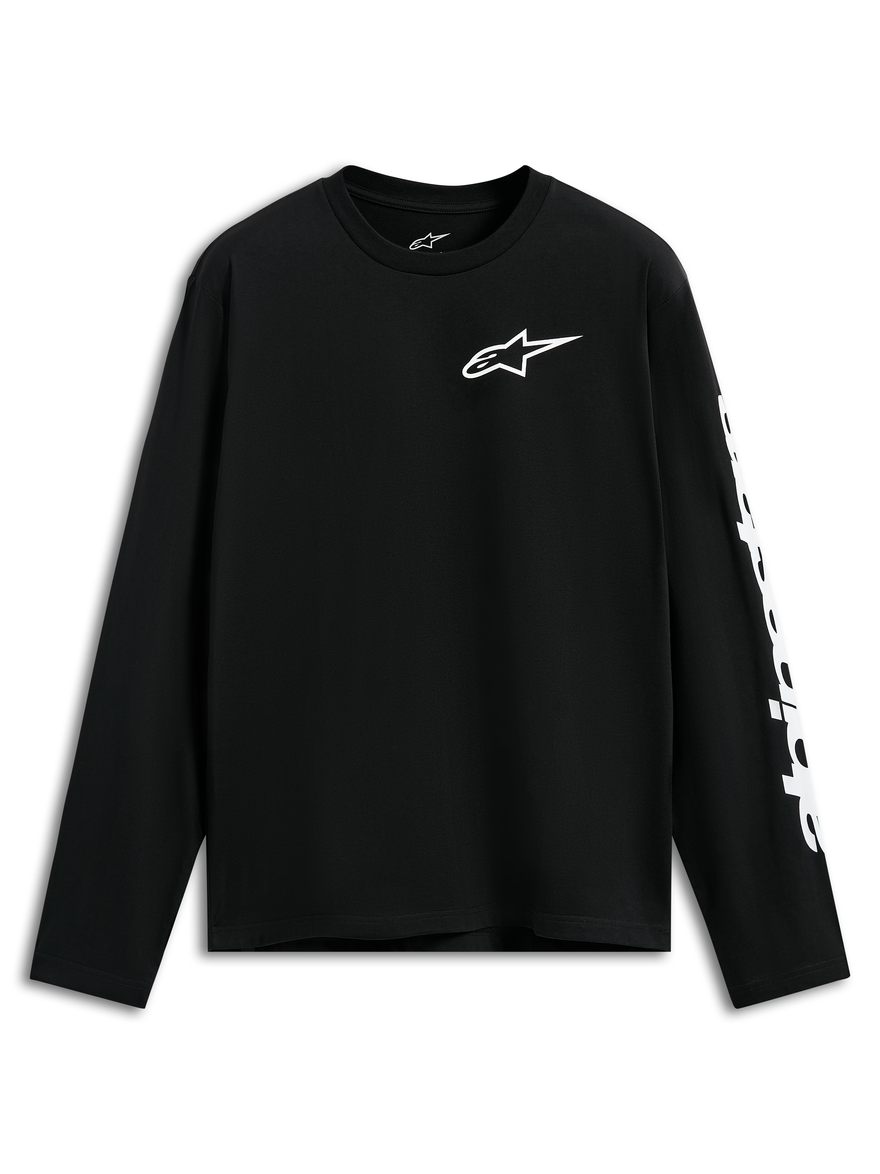 Alpinestars Trackside CSF Tee, maglia a maniche lunghe, nero, logo Alpinestars bianco sul petto e grafica sulla manica, streetwear casual ispirato al motorsport
