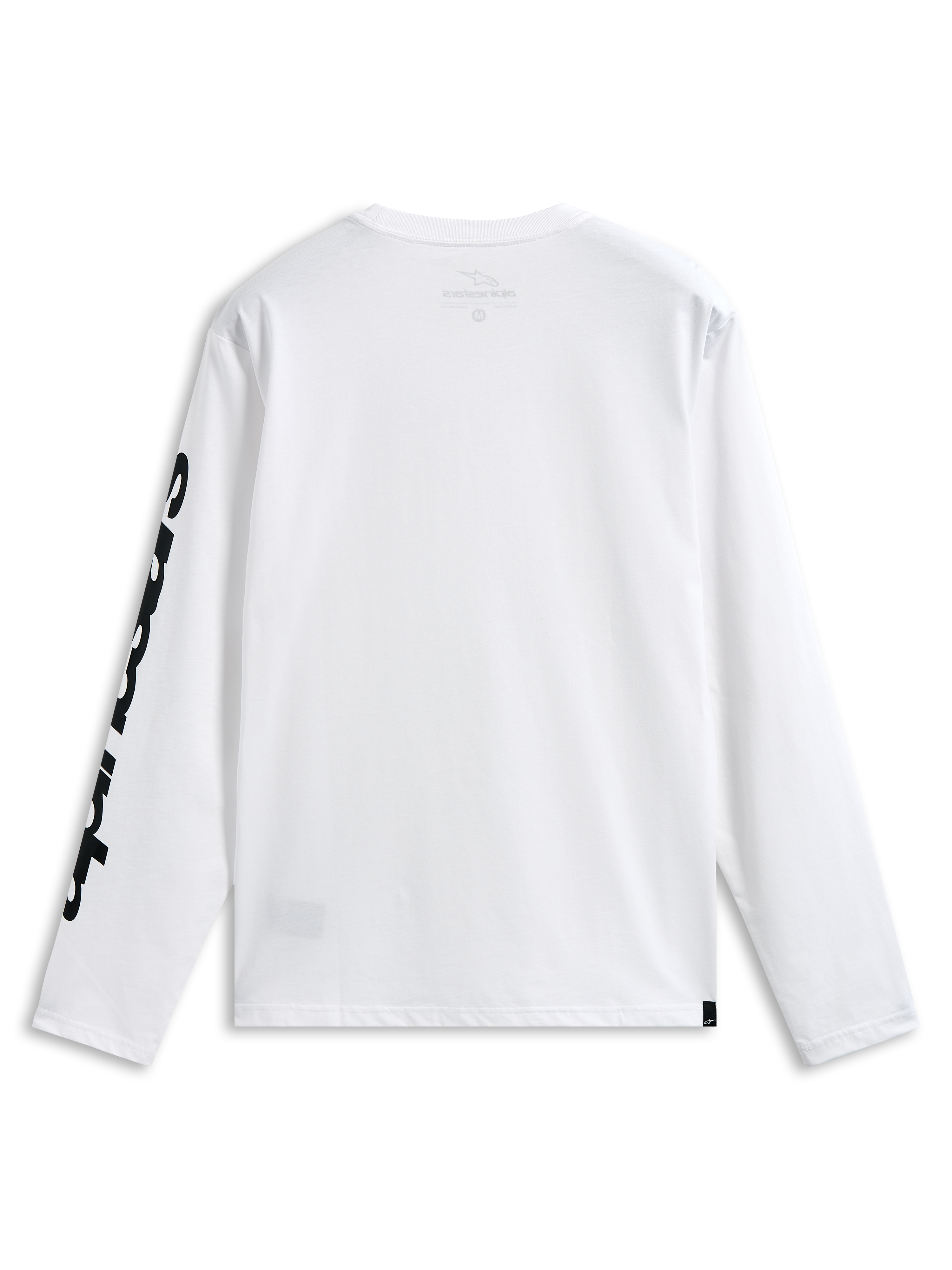 Alpinestars Trackside CSF Tee, maglia a maniche lunghe, bianco e nero, vista posteriore con audace grafica nera sulla manica, streetwear casual ispirato al motorsport