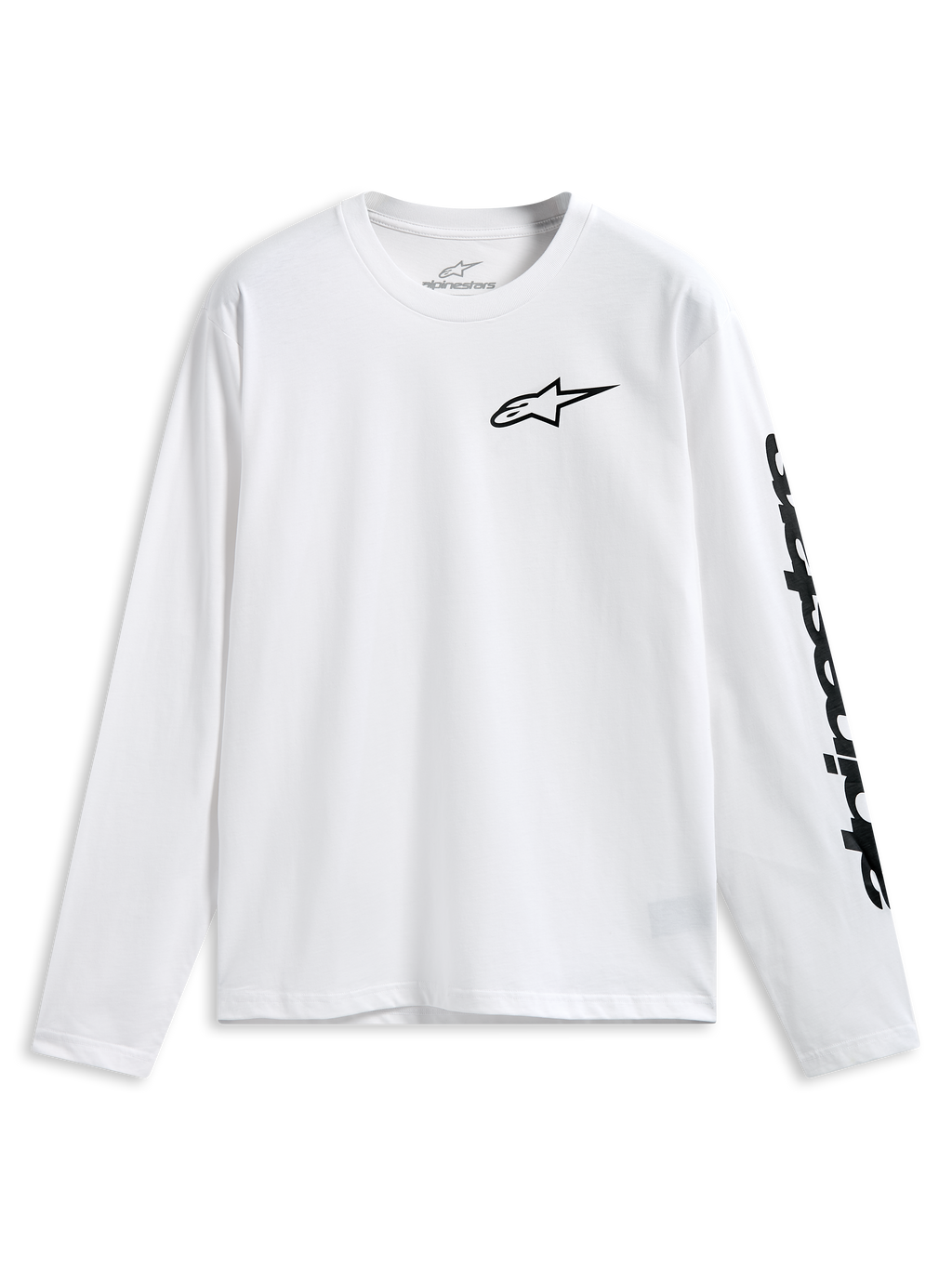 Alpinestars Trackside CSF Tee, t-shirt a maniche lunghe, bianco, logo Alpinestars nero sul petto e scritta sulla manica, abbigliamento sportivo casual motorsport