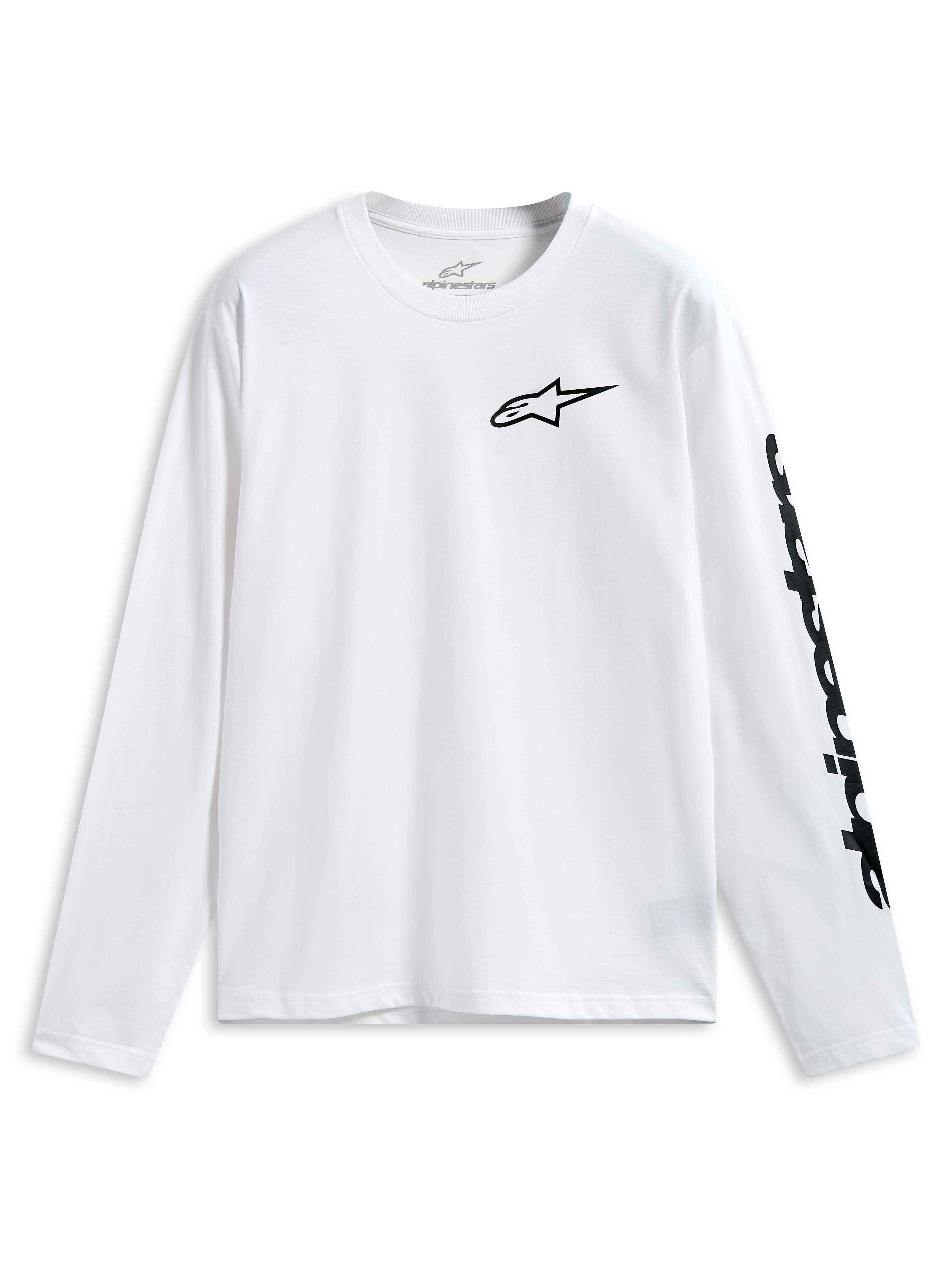 Alpinestars Trackside CSF Tee, t-shirt a maniche lunghe, bianco, logo Alpinestars nero sul petto e scritta sulla manica, abbigliamento sportivo casual motorsport