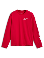 Alpinestars Trackside CSF Tee, maglia a maniche lunghe, rosso con logo Front Ride 4.0 bianco sul petto e branding bianco sulla manica, abbigliamento sportivo casual motorsport