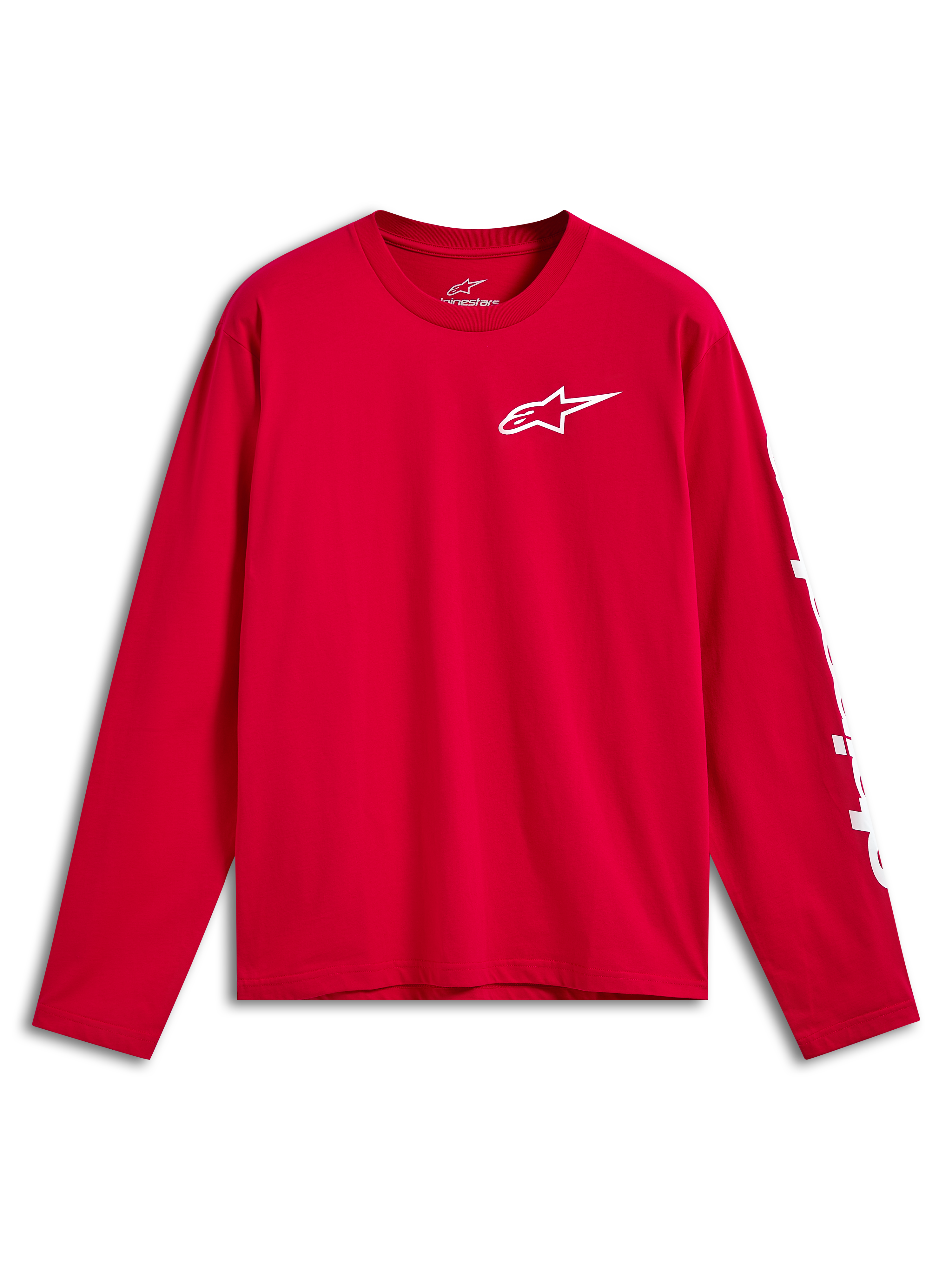 Alpinestars Trackside CSF Tee, maglia a maniche lunghe, rosso con logo Front Ride 4.0 bianco sul petto e branding bianco sulla manica, abbigliamento sportivo casual motorsport