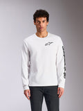 Alpinestars Trackside CSF Tee, maglia a maniche lunghe, bianco, logo Alpinestars nero sul petto e branding sulla manica, abbigliamento casual motorsport streetwear, vista frontale