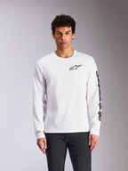 Alpinestars Trackside CSF Tee, maglia a maniche lunghe, bianco, logo Alpinestars nero sul petto e branding sulla manica, abbigliamento casual motorsport streetwear, vista frontale