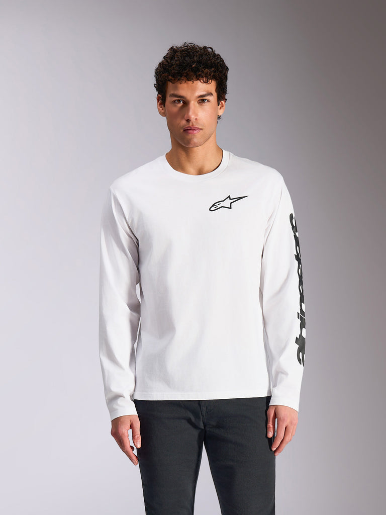 Alpinestars Trackside CSF Tee, maglia a maniche lunghe, bianco, logo Alpinestars nero sul petto e branding sulla manica, abbigliamento casual motorsport streetwear, vista frontale