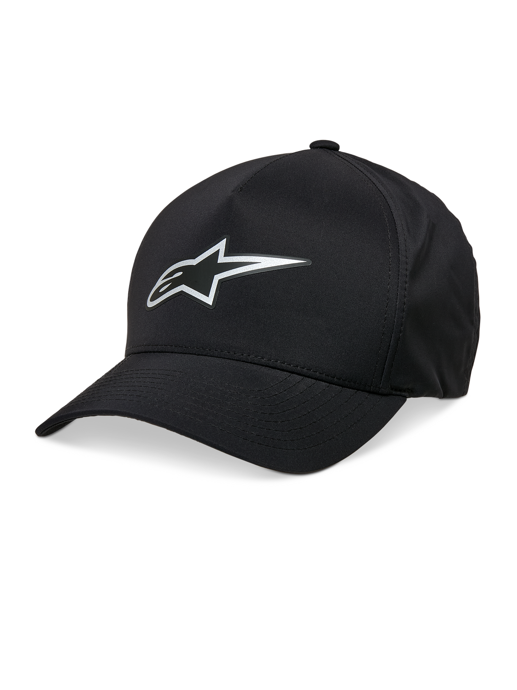 Alpinestars Ageless Reflex Waterproof Hat, cappello da baseball nero, visiera curva, logo Astars argento riflettente, corona strutturata, tessuto tecnico impermeabile, abbigliamento casual motorsport