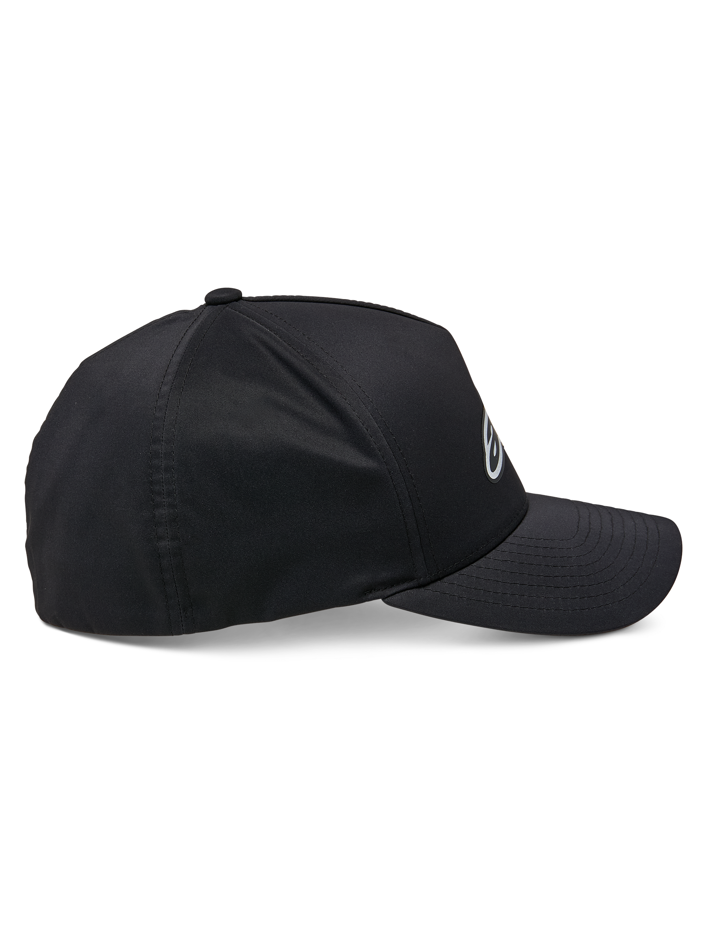 Cappello Alpinestars Ageless Reflex Waterproof, nero, vista laterale di profilo, visiera curva con corona strutturata, tessuto tecnico impermeabile con dettaglio logo riflettente, copricapo casual ad alte prestazioni