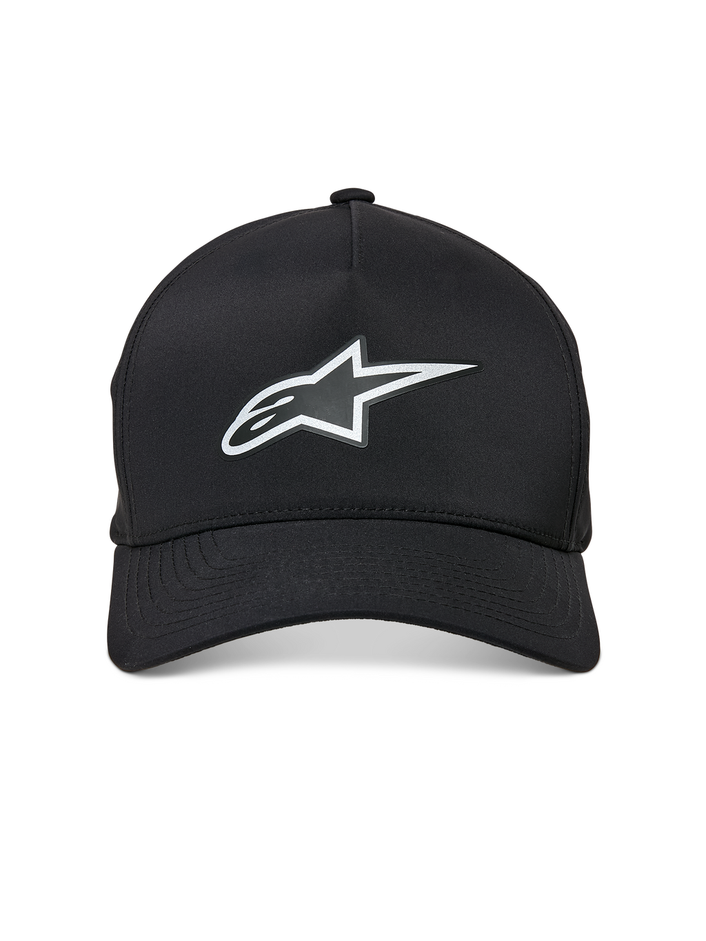Alpinestars Ageless Reflex Waterproof Hat, cappello da baseball con visiera curva, nero, con logo Astars argento riflettente sul davanti, corona strutturata e tessuto tecnico impermeabile, vista frontale