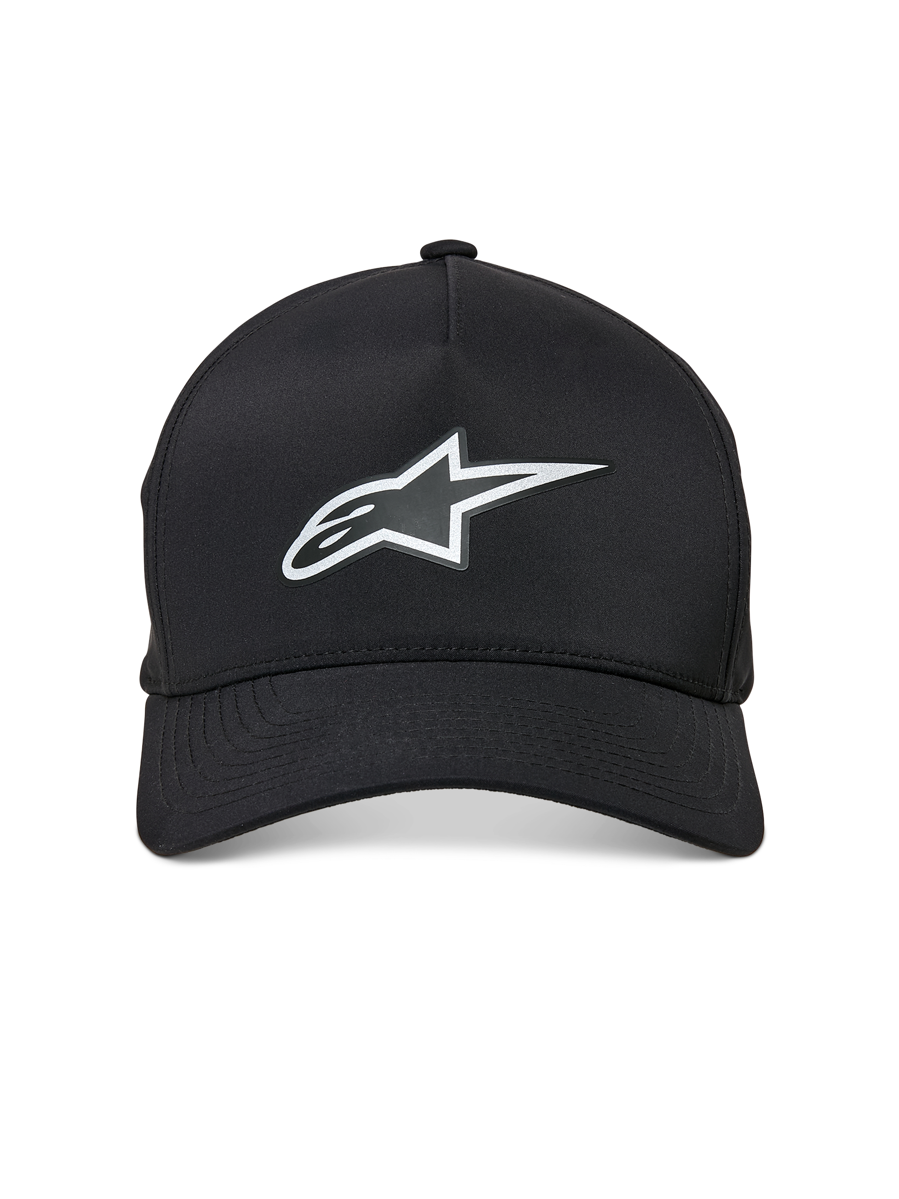 Alpinestars Ageless Reflex Waterproof Hat, cappello da baseball con visiera curva, nero, con logo Astars argento riflettente sul davanti, corona strutturata e tessuto tecnico impermeabile, vista frontale