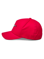 Alpinestars Ageless Reflex Waterproof Hat, berretto da baseball rosso, vista laterale del profilo con visiera curva e corona strutturata, logo Astars riflettente sul davanti, abbigliamento sportivo casual ad alte prestazioni
