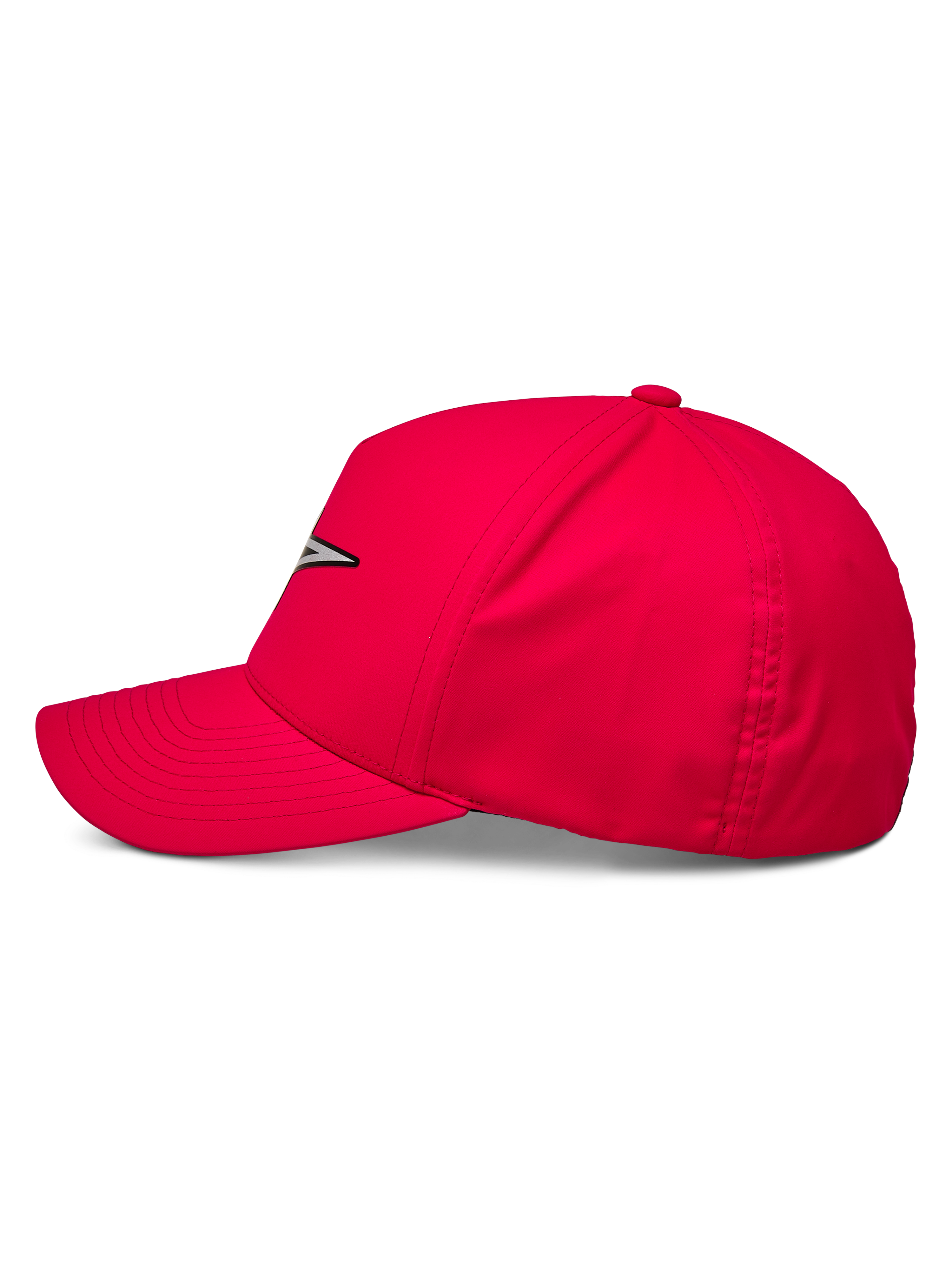 Alpinestars Ageless Reflex Waterproof Hat, berretto da baseball rosso, vista laterale del profilo con visiera curva e corona strutturata, logo Astars riflettente sul davanti, abbigliamento sportivo casual ad alte prestazioni