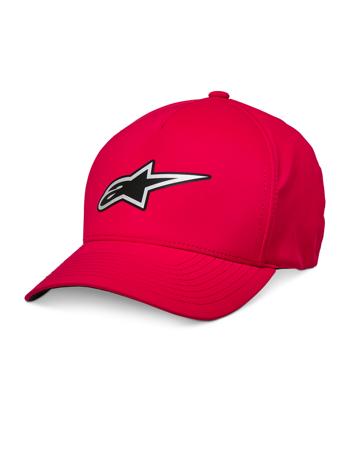 Alpinestars Ageless Reflex Waterproof Hat, cappello da baseball rosso, visiera curva, logo Astars riflettente argento e nero, tessuto tecnico impermeabile, copricapo sportswear casual