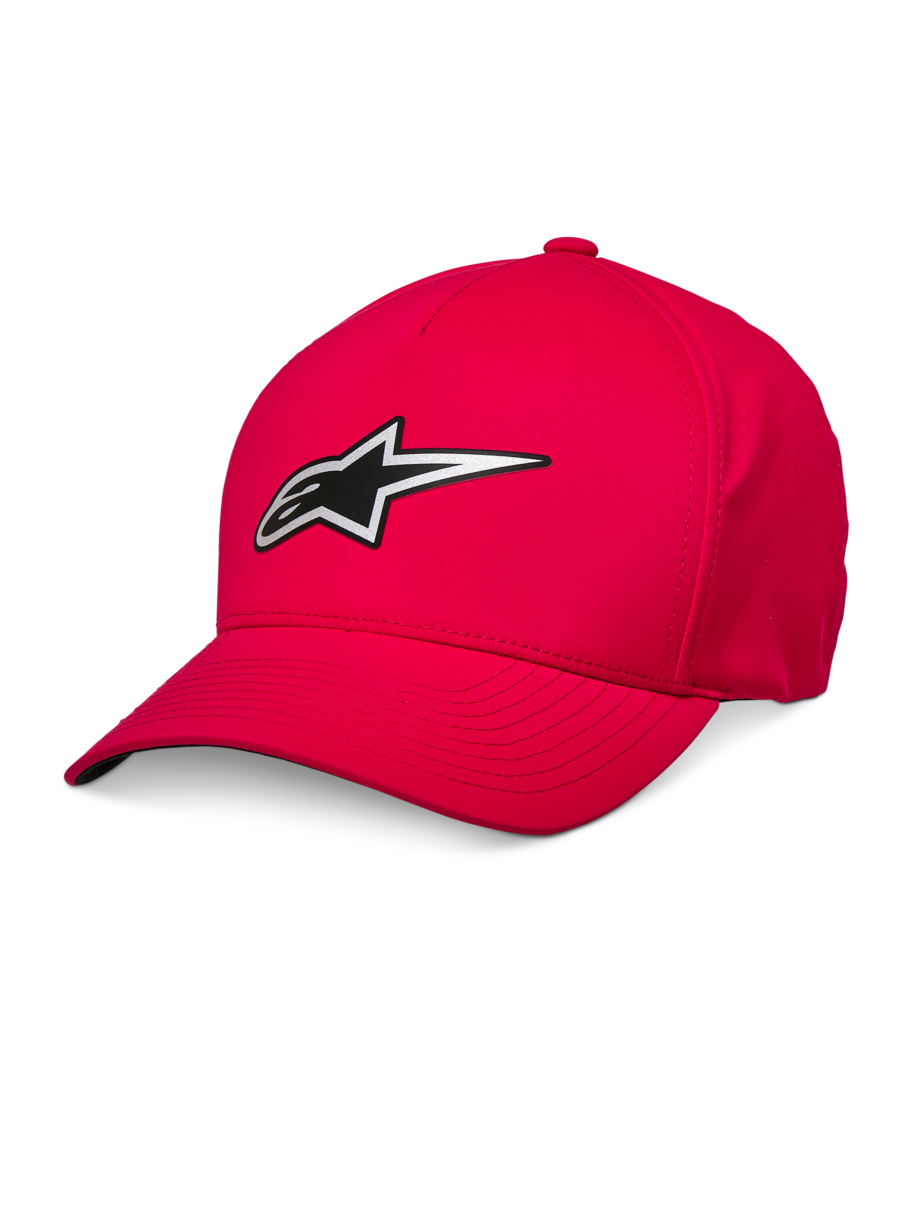 Alpinestars Ageless Reflex Waterproof Hat, cappello da baseball rosso, visiera curva, logo Astars riflettente argento e nero, tessuto tecnico impermeabile, copricapo sportswear casual