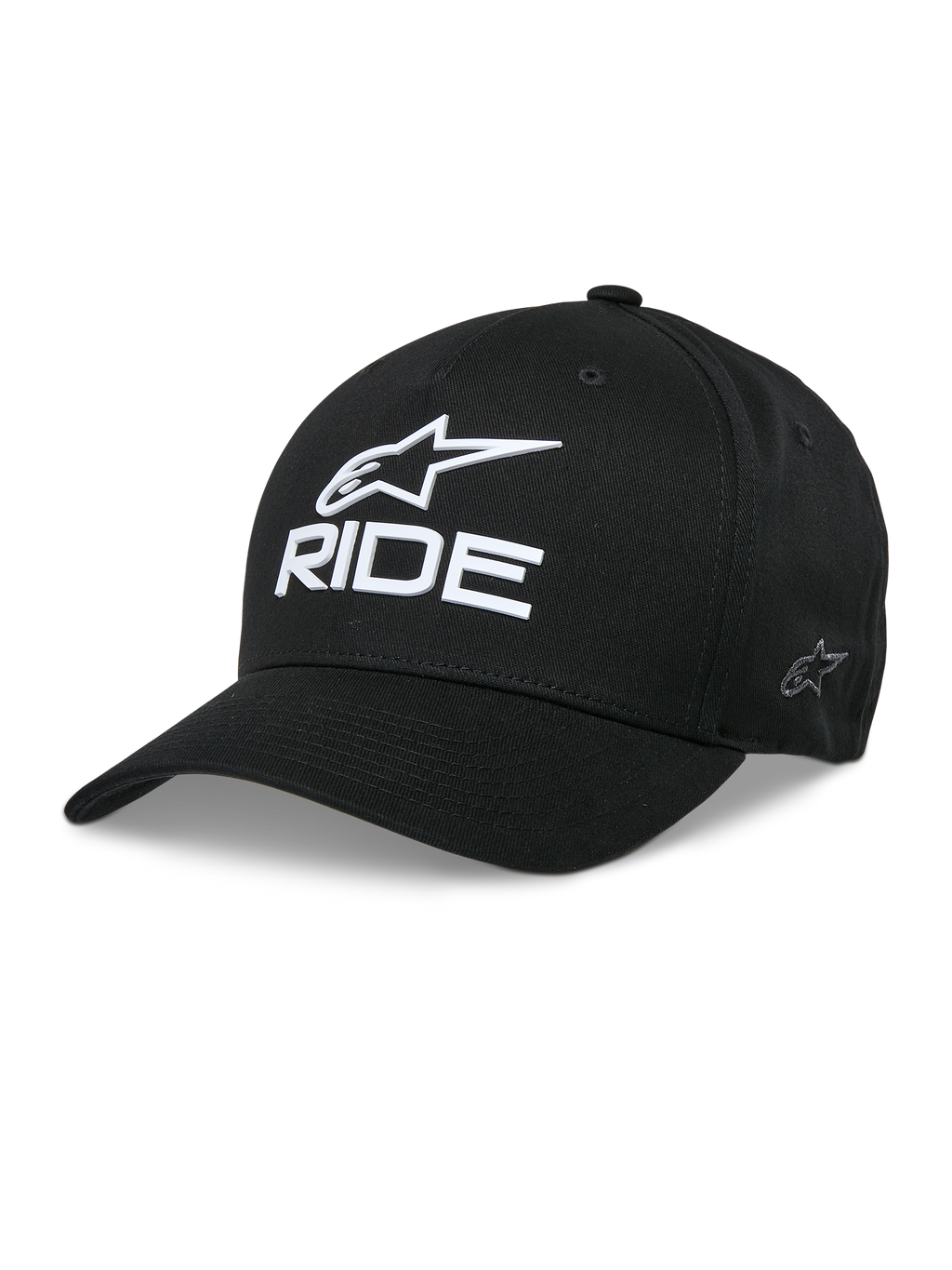 Alpinestars Ride Sonic Hat, cappello da baseball nero, logo con stella e scritta RIDE ricamati in 3D bianchi, visiera curva, corona strutturata, copricapo casual motorsport