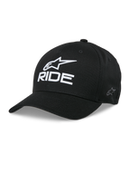 Alpinestars Ride Sonic Hat, cappello da baseball nero, logo con stella e scritta RIDE ricamati in 3D bianchi, visiera curva, corona strutturata, copricapo casual motorsport