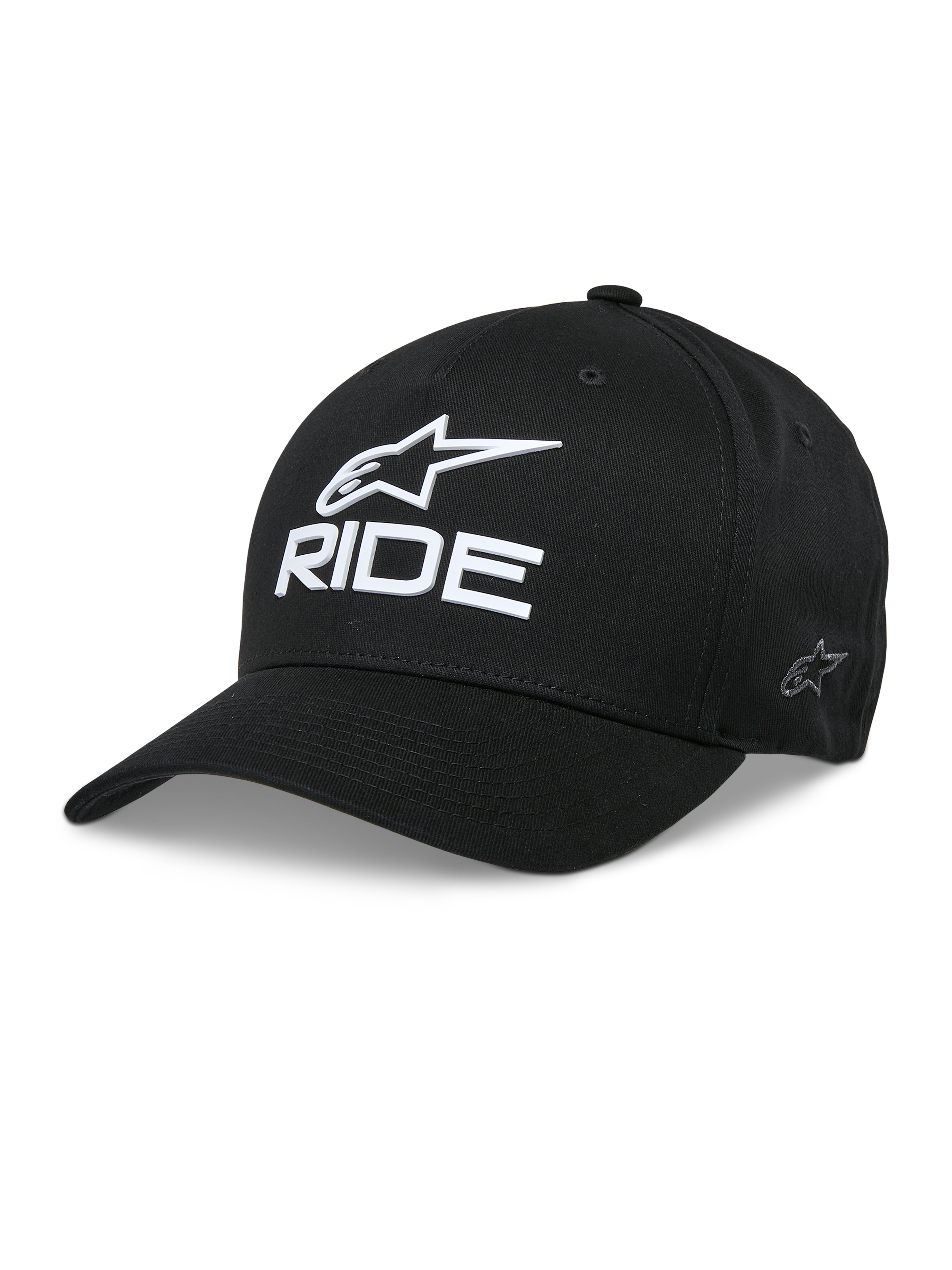 Alpinestars Ride Sonic Hat, cappello da baseball nero, logo con stella e scritta RIDE ricamati in 3D bianchi, visiera curva, corona strutturata, copricapo casual motorsport