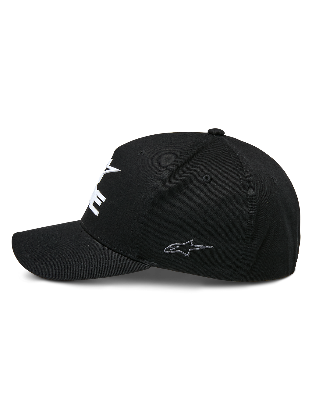 Alpinestars Ride Sonic Hat, cappello da baseball strutturato, nero, vista laterale di profilo con visiera curva e piccolo logo a stella grigio ricamato sul pannello laterale, tessuto twill elasticizzato, copricapo casual da motorsport