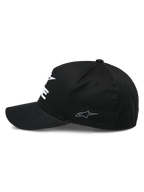 Alpinestars Ride Sonic Hat, cappello da baseball strutturato, nero, vista laterale di profilo con visiera curva e piccolo logo a stella grigio ricamato sul pannello laterale, tessuto twill elasticizzato, copricapo casual da motorsport
