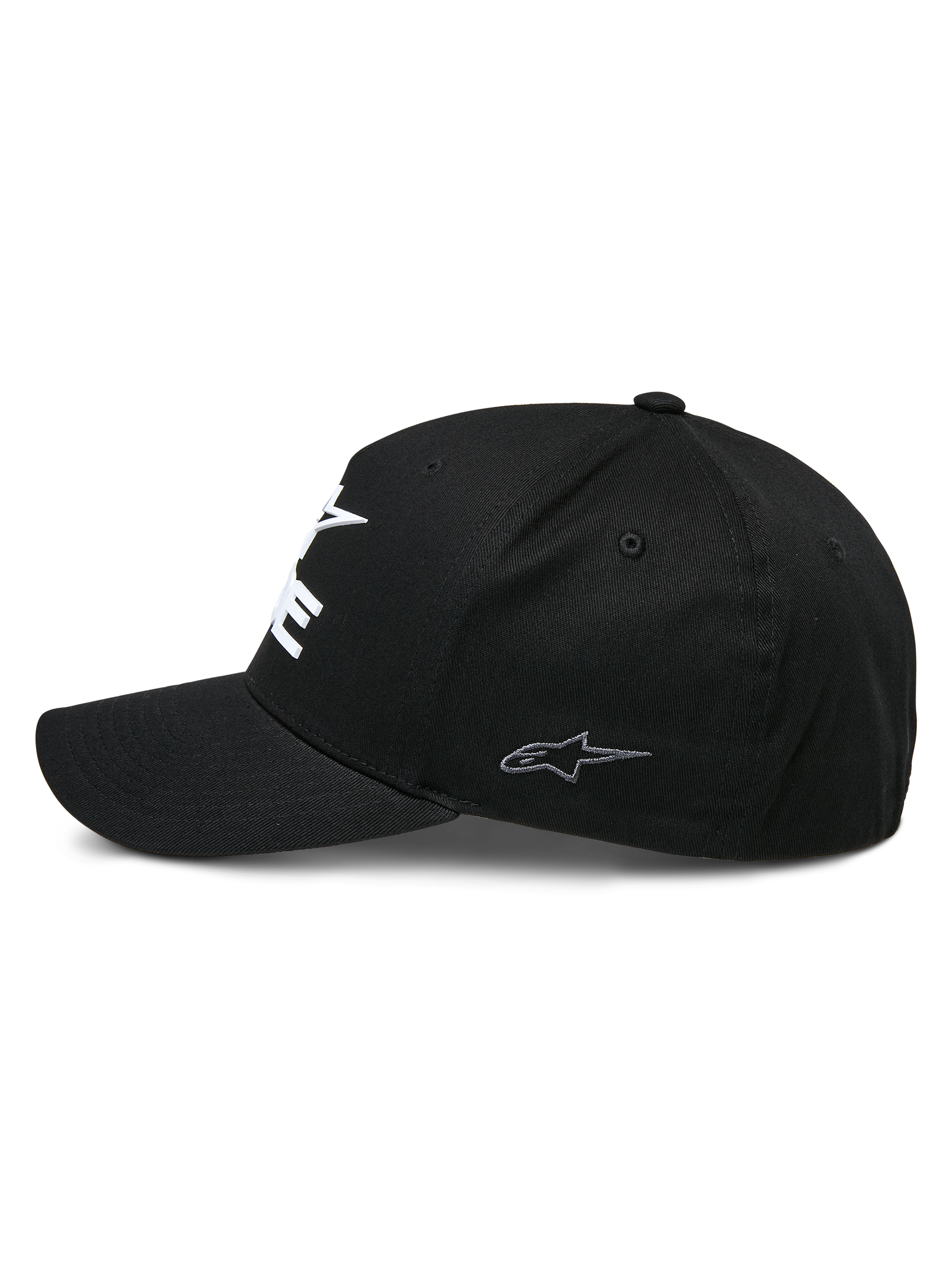 Alpinestars Ride Sonic Hat, cappello da baseball strutturato, nero, vista laterale di profilo con visiera curva e piccolo logo a stella grigio ricamato sul pannello laterale, tessuto twill elasticizzato, copricapo casual da motorsport
