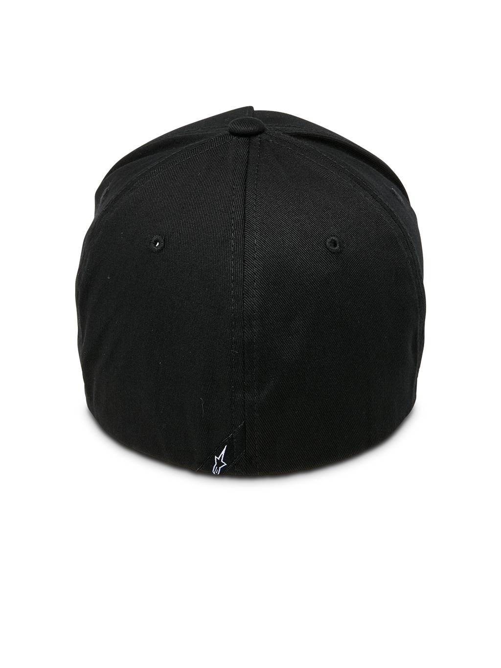 Cappello Alpinestars Ride Sonic, nero e bianco, vista posteriore con corona strutturata e costruzione retro flessibile, piccola etichetta con logo a stella bianco, copricapo casual ispirato al motorsport