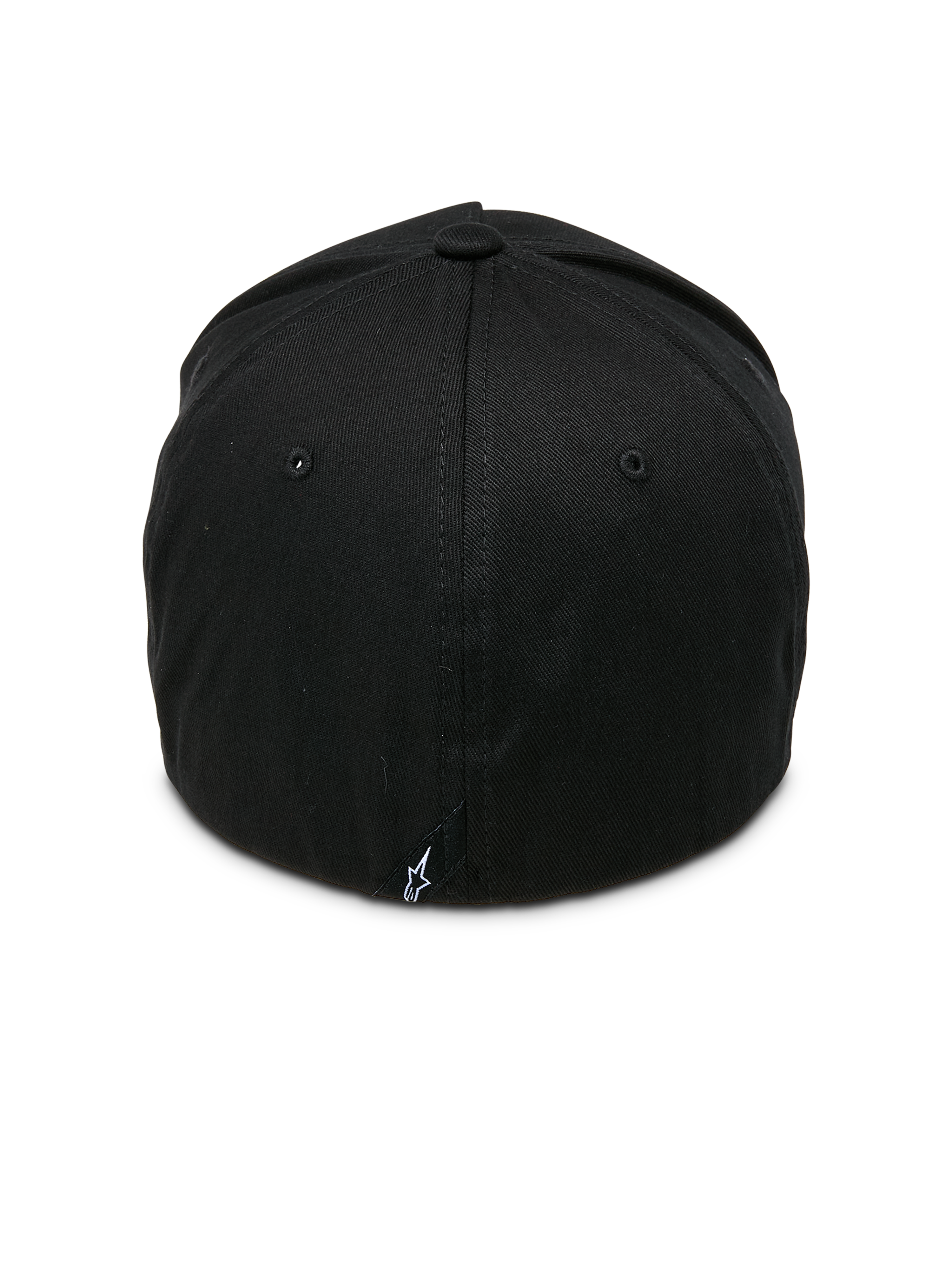 Cappello Alpinestars Ride Sonic, nero e bianco, vista posteriore con corona strutturata e costruzione retro flessibile, piccola etichetta con logo a stella bianco, copricapo casual ispirato al motorsport