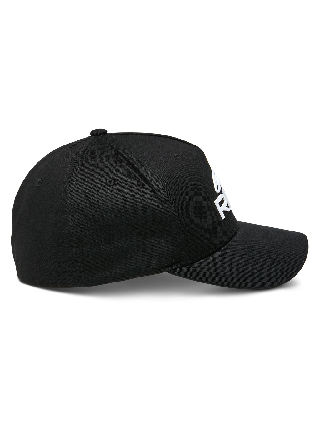 Cappello Alpinestars Ride Sonic, vista di profilo, nero con logo ricamato 3D bianco, visiera curva, corona strutturata, tessuto twill elasticizzato, copricapo casual da motorsport
