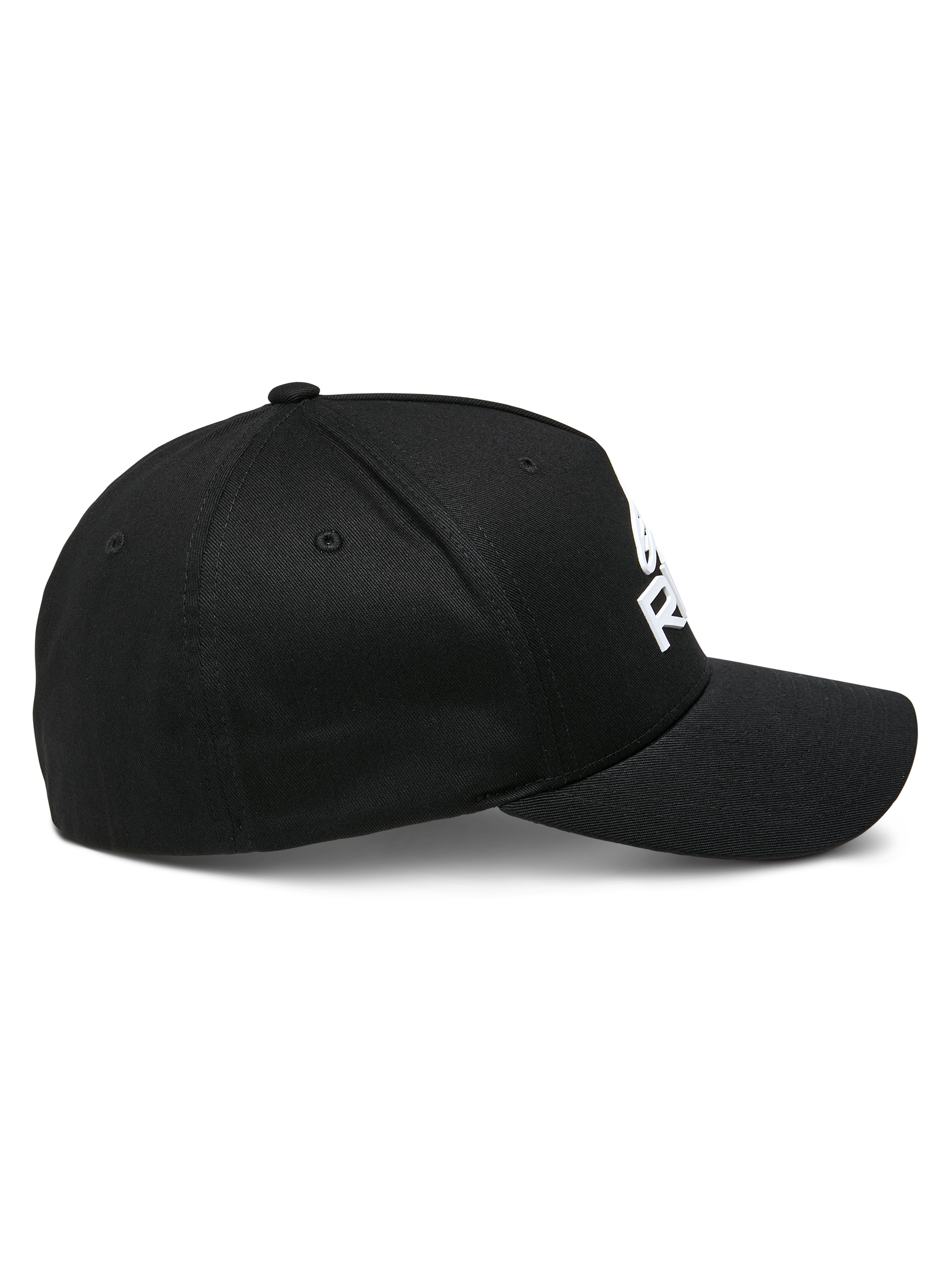 Cappello Alpinestars Ride Sonic, vista di profilo, nero con logo ricamato 3D bianco, visiera curva, corona strutturata, tessuto twill elasticizzato, copricapo casual da motorsport