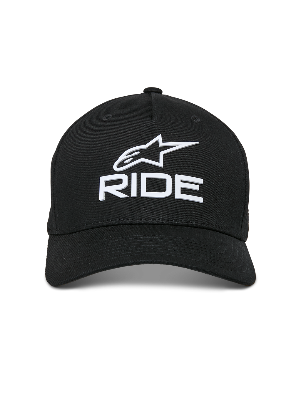 Alpinestars Cappello Ride Sonic, nero, logo bianco ricamato in 3D con stella Alpinestars e scritta 'RIDE', visiera curva, corona strutturata, stile streetwear casual ispirato al motorsport