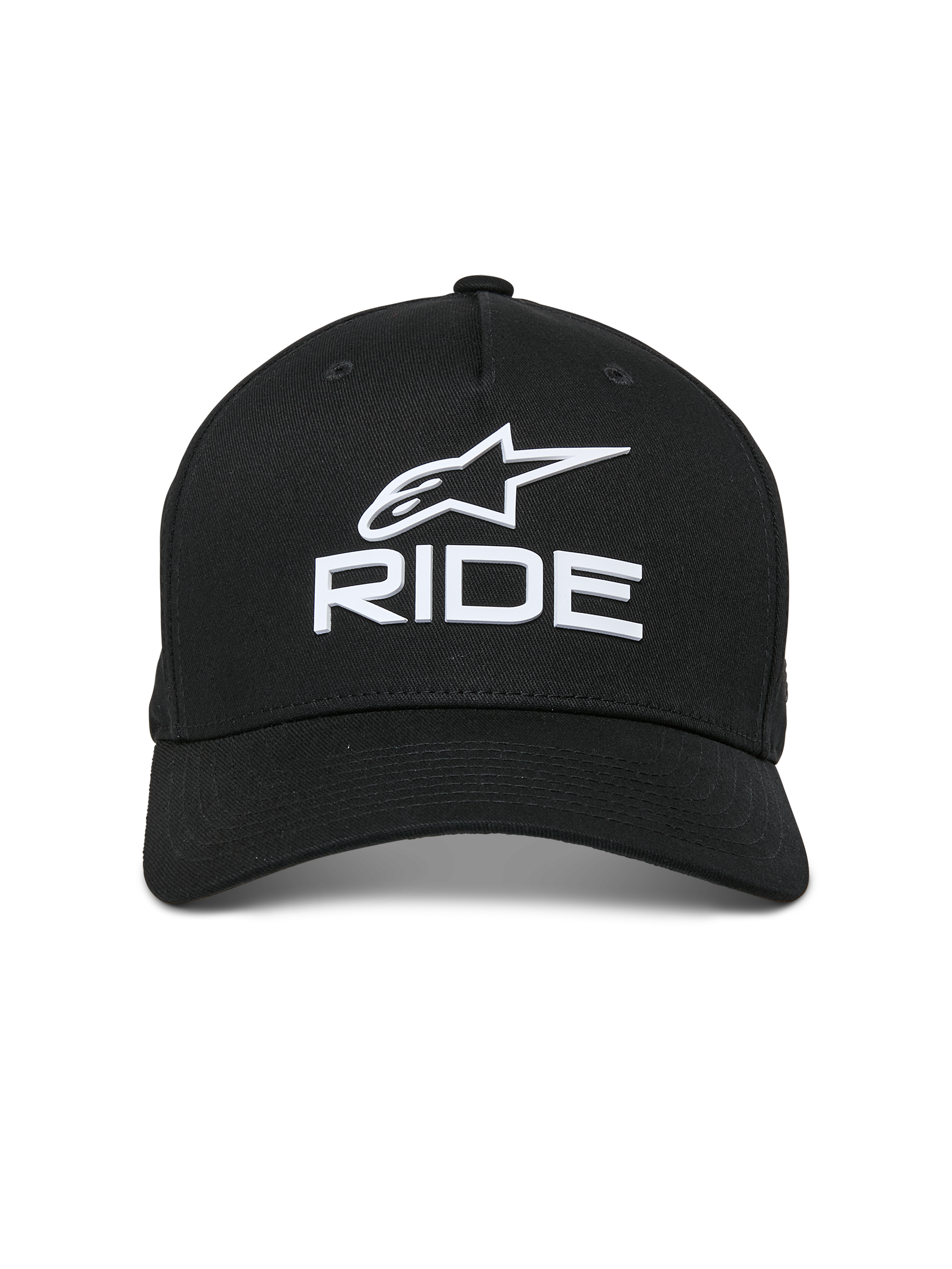 Alpinestars Cappello Ride Sonic, nero, logo bianco ricamato in 3D con stella Alpinestars e scritta 'RIDE', visiera curva, corona strutturata, stile streetwear casual ispirato al motorsport