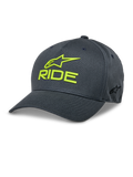 Cappello Alpinestars Ride Sonic, cappellino da baseball grigio antracite e giallo fluo, logo RIDE e logo a stella ricamati in 3D, visiera curva, corona strutturata, copricapo casual da motorsport in twill elasticizzato