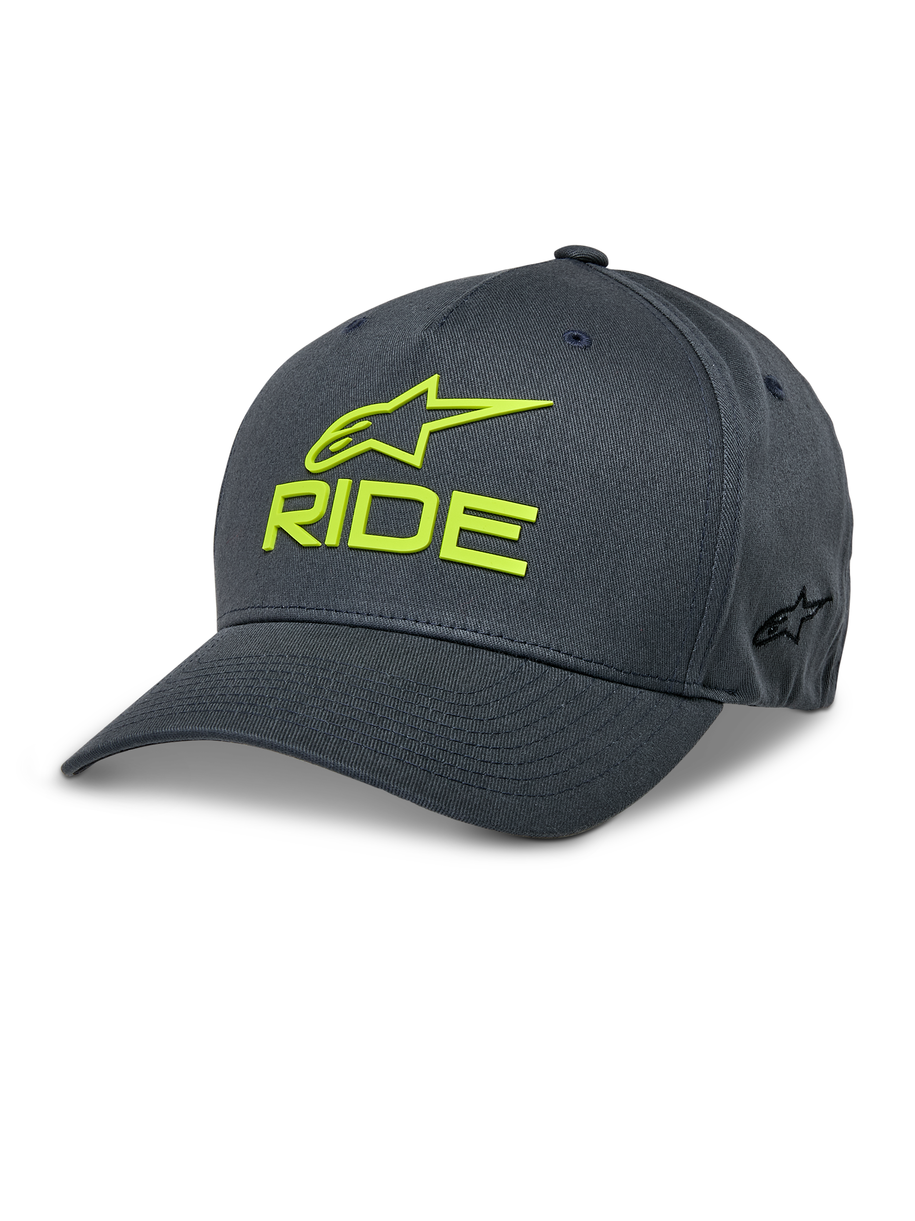 Cappello Alpinestars Ride Sonic, cappellino da baseball grigio antracite e giallo fluo, logo RIDE e logo a stella ricamati in 3D, visiera curva, corona strutturata, copricapo casual da motorsport in twill elasticizzato