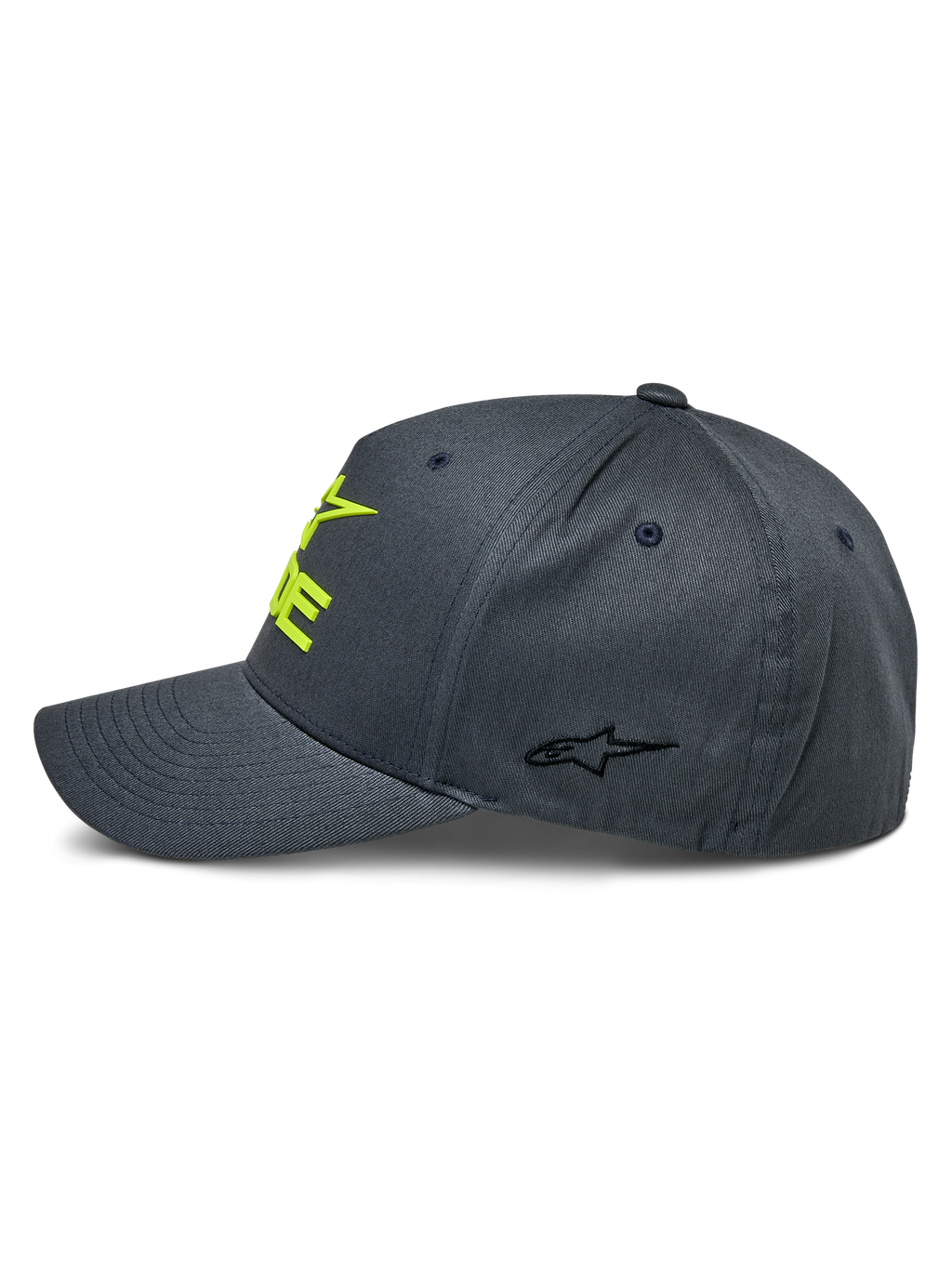 Cappello Alpinestars Ride Sonic, antracite e giallo alta visibilità, vista laterale con visiera curva e corona strutturata, logo giallo ricamato 3D sul davanti e piccolo logo a stella nero sul lato, copricapo casual da motorsport