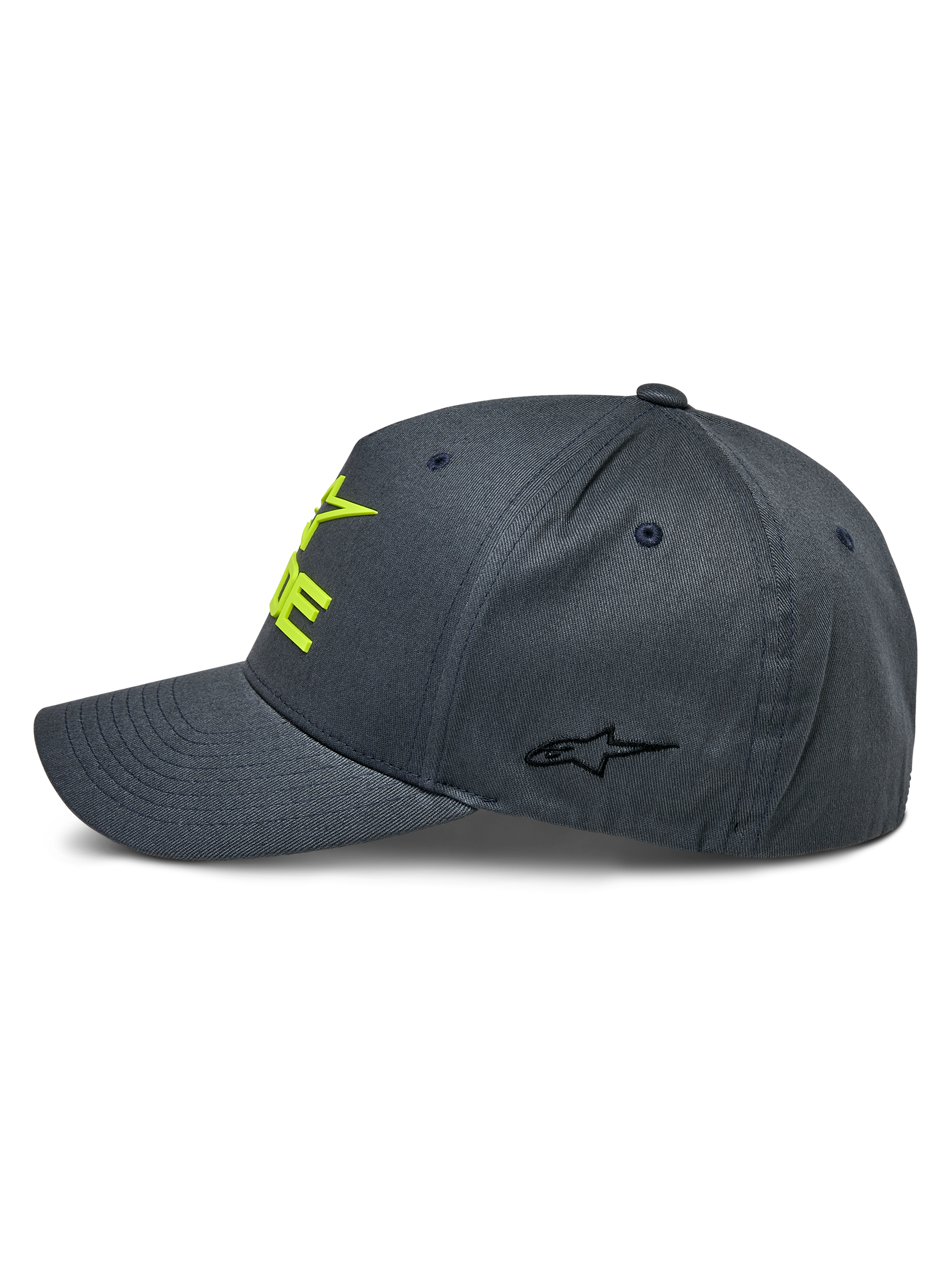 Cappello Alpinestars Ride Sonic, antracite e giallo alta visibilità, vista laterale con visiera curva e corona strutturata, logo giallo ricamato 3D sul davanti e piccolo logo a stella nero sul lato, copricapo casual da motorsport