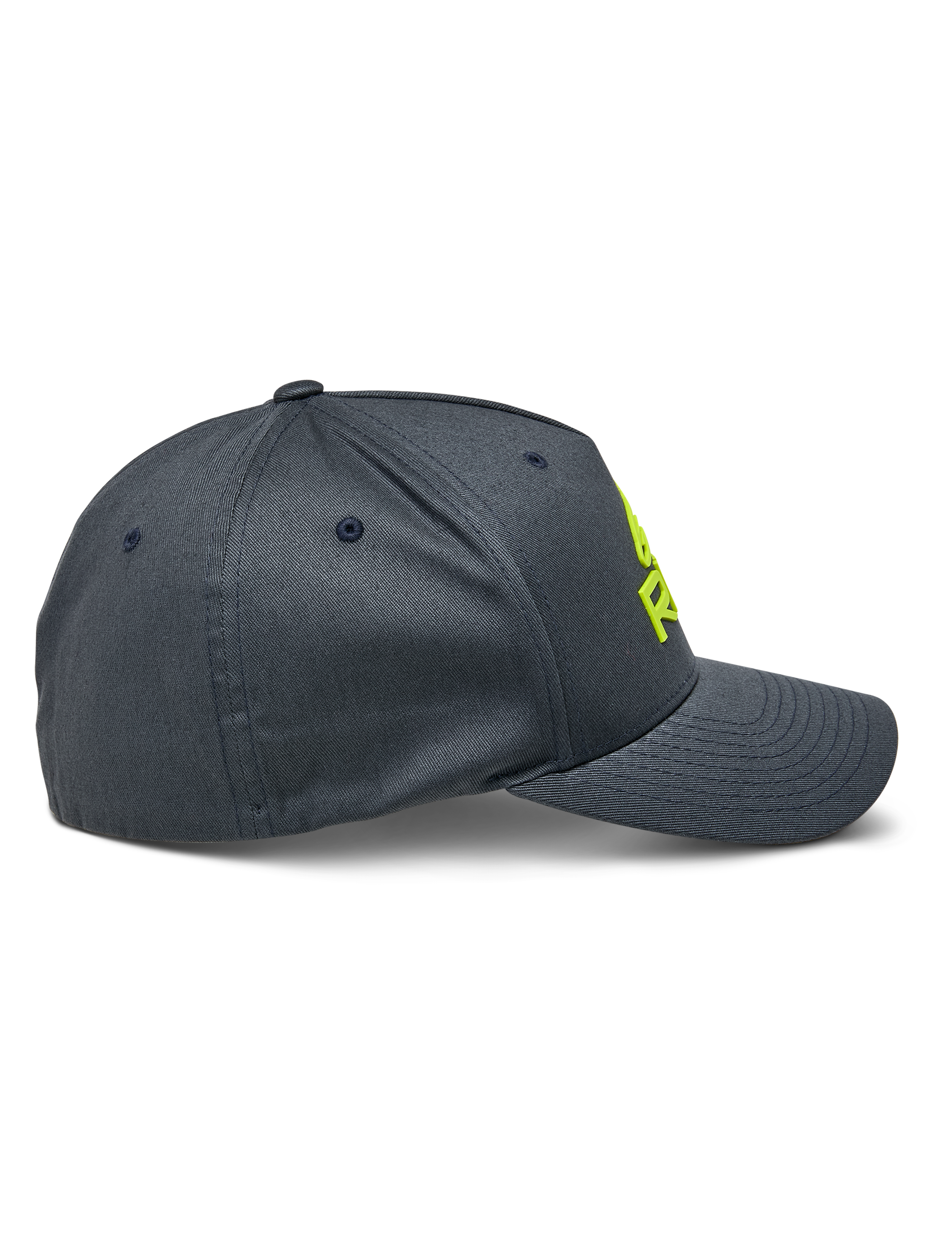 Cappello Alpinestars Ride Sonic, vista laterale, grigio antracite con logo ricamato 3D giallo fluo, visiera curva e corona strutturata, copricapo casual da motorsport in twill elasticizzato