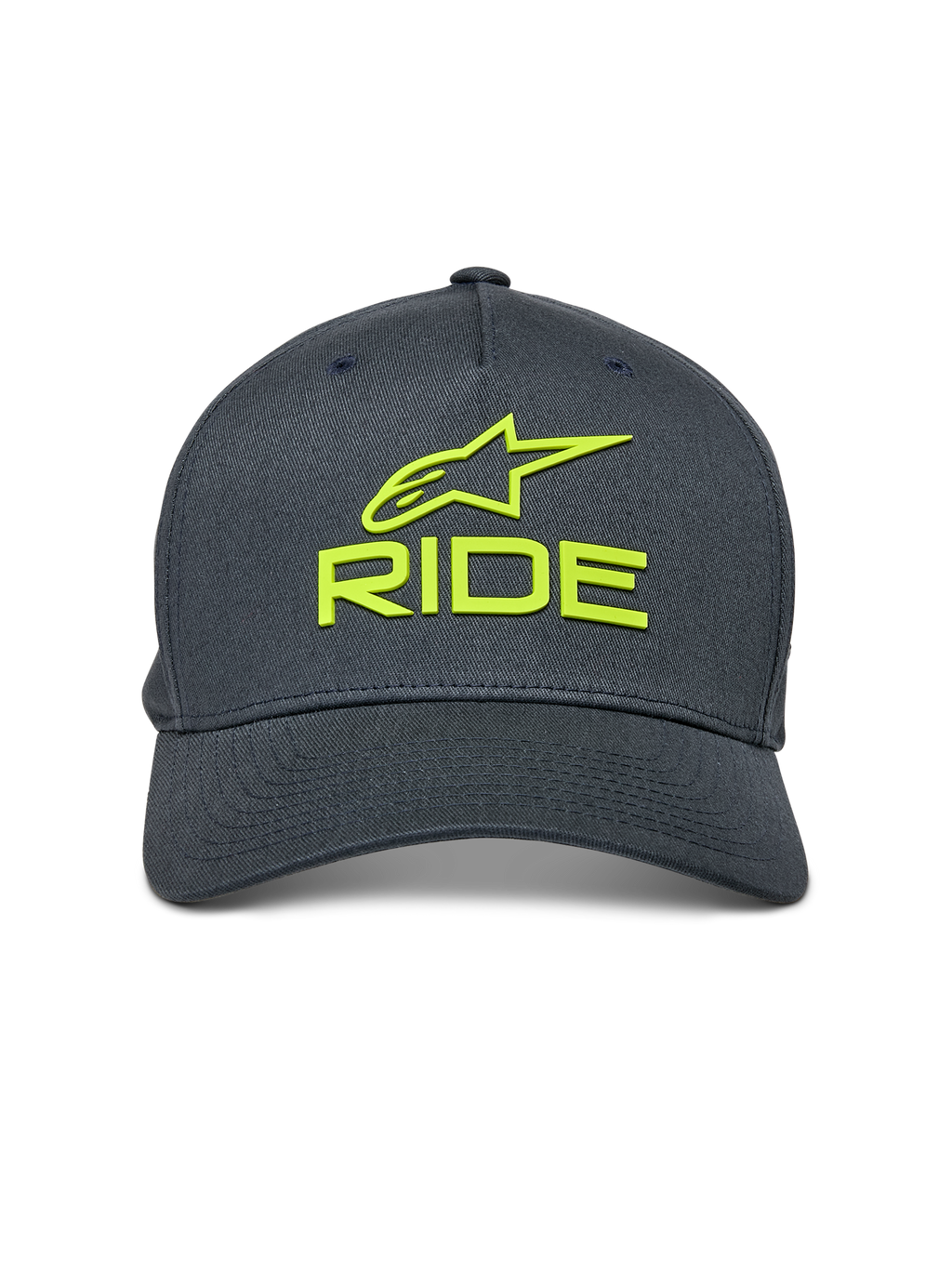 Cappello Alpinestars Ride Sonic, grigio antracite con giallo fluo, logo Alpinestars e scritta RIDE ricamati in 3D, visiera curva, corona strutturata, accessorio casual ispirato al motorsport