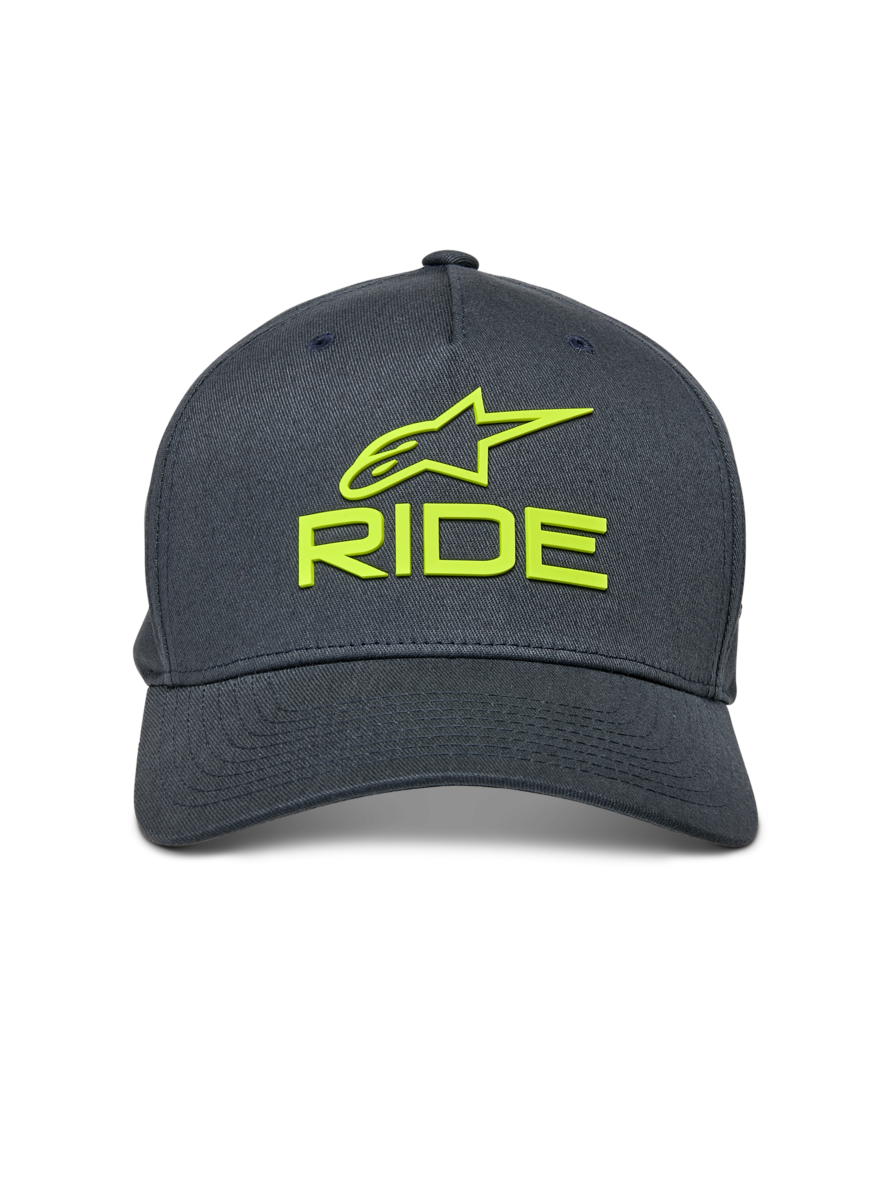 Cappello Alpinestars Ride Sonic, grigio antracite con giallo fluo, logo Alpinestars e scritta RIDE ricamati in 3D, visiera curva, corona strutturata, accessorio casual ispirato al motorsport