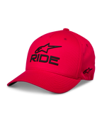 Alpinestars Ride Sonic Hat, cappellino da baseball rosso, logo Alpinestars e scritta "RIDE" ricamati in 3D neri, visiera curva, corona strutturata, streetwear casual motorsport