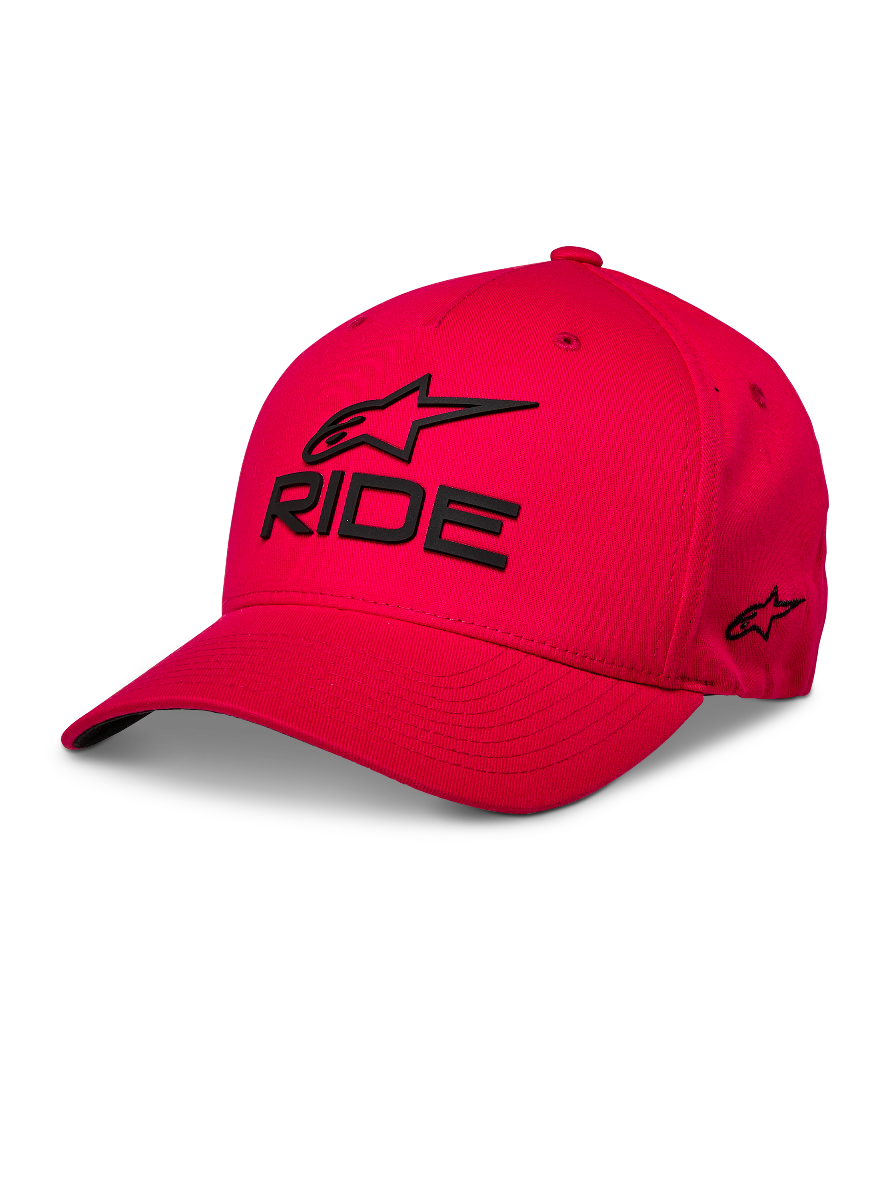 Alpinestars Ride Sonic Hat, cappellino da baseball rosso, logo Alpinestars e scritta "RIDE" ricamati in 3D neri, visiera curva, corona strutturata, streetwear casual motorsport