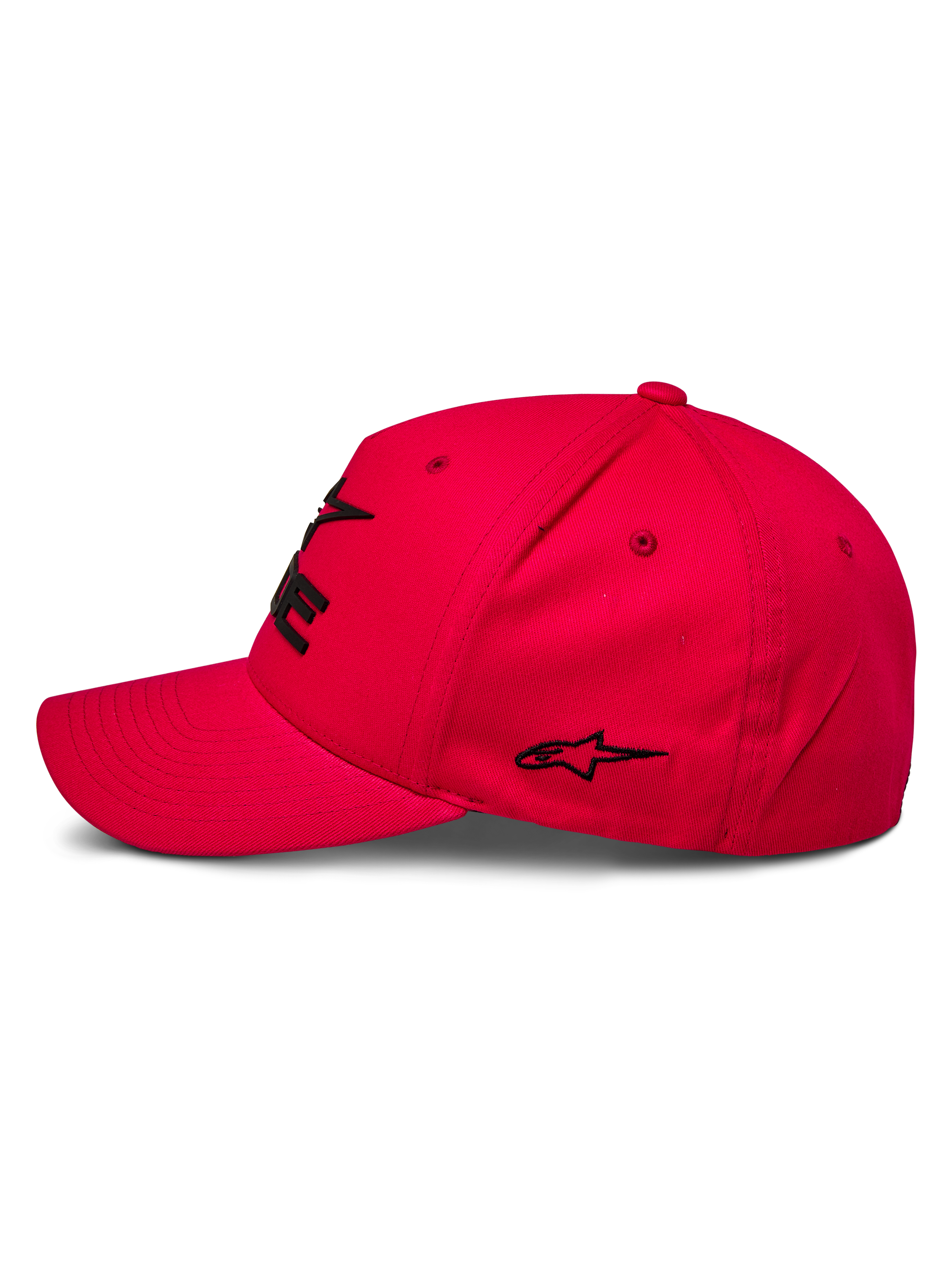 Alpinestars Ride Sonic Hat, cappellino sportswear, rosso, vista laterale con visiera curva e corona strutturata, logo 3D e dettaglio stella ricamati in nero, design casual ispirato ai motori
