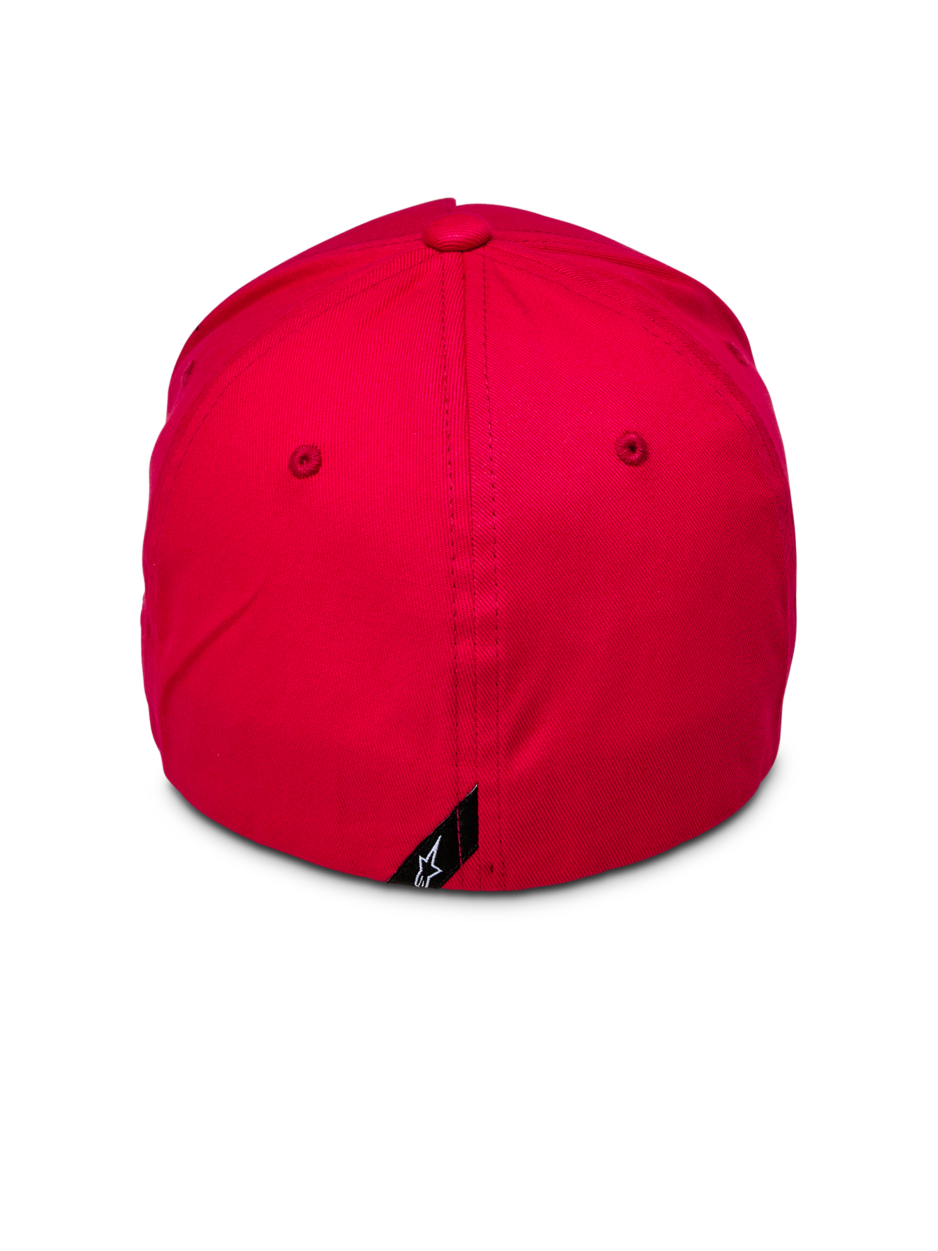 Alpinestars Ride Sonic Hat, vista posteriore di cappellino da baseball rosso, corona strutturata con design retro flessibile, piccola etichetta nera con logo a stella Alpinestars bianco sul retro, copricapo casual in twill elasticizzato rosso