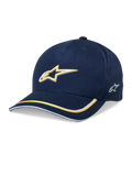 Alpinestars Ascension Snapback Hat, cappellino da baseball, blu navy e oro, logo Astars ricamato in 3D, visiera curva con strisce gialle e bianche, accessorio casual per il motorsport