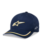 Alpinestars Ascension Snapback Hat, cappellino da baseball, blu navy e oro, logo Astars ricamato in 3D, visiera curva con strisce gialle e bianche, accessorio casual per il motorsport