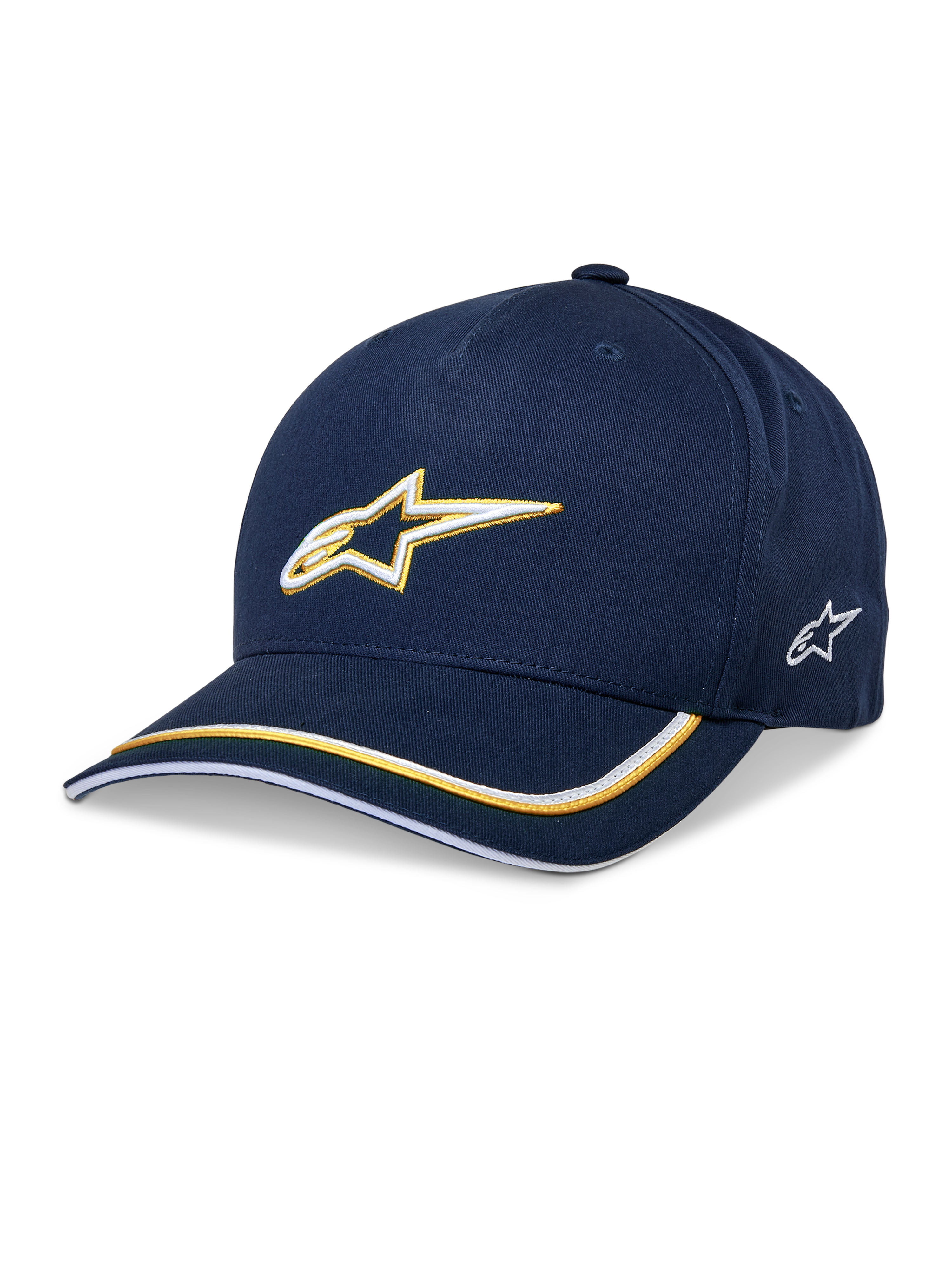 Alpinestars Ascension Snapback Hat, cappellino da baseball, blu navy e oro, logo Astars ricamato in 3D, visiera curva con strisce gialle e bianche, accessorio casual per il motorsport