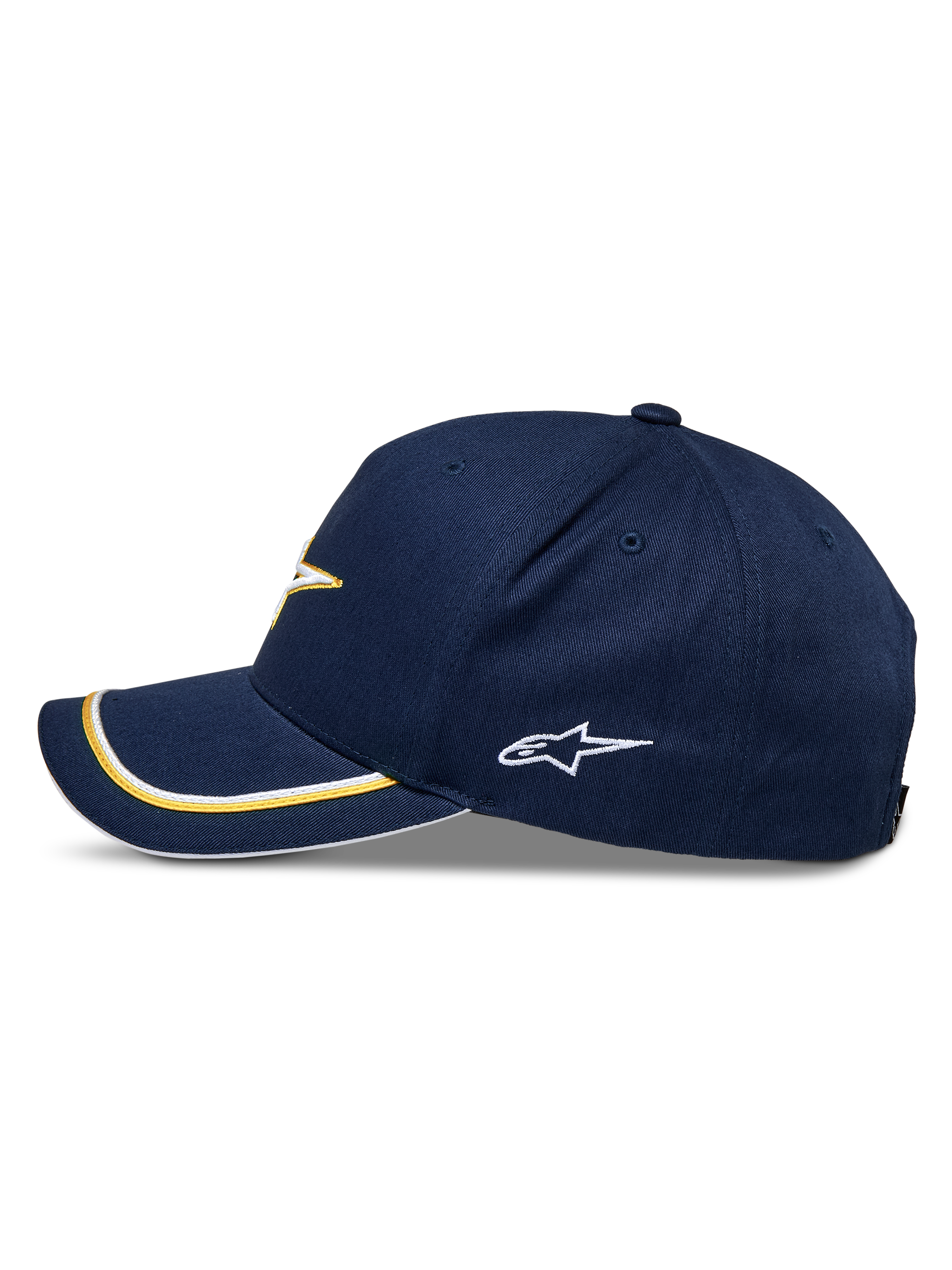 Cappello Snapback Alpinestars Ascension, Blu Navy e Oro, profilo laterale con visiera curva e doppio profilo sutache oro e bianco, logo laterale ricamato, streetwear motorsport casual