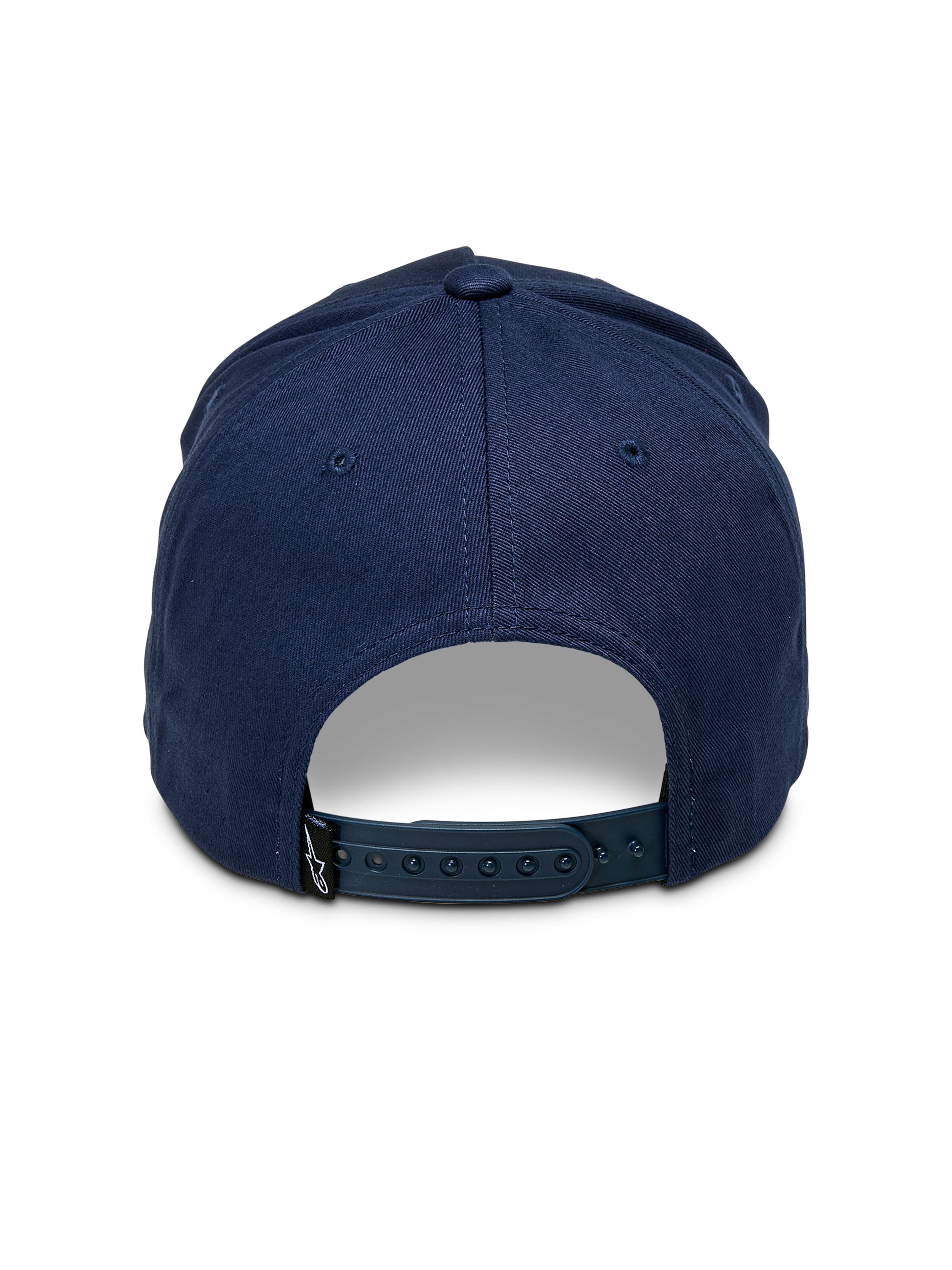 Cappello Snapback Ascension Alpinestars, blu navy, vista posteriore con chiusura snapback regolabile e corona strutturata, piccola etichetta con logo Astars nero, stile streetwear casual motorsport